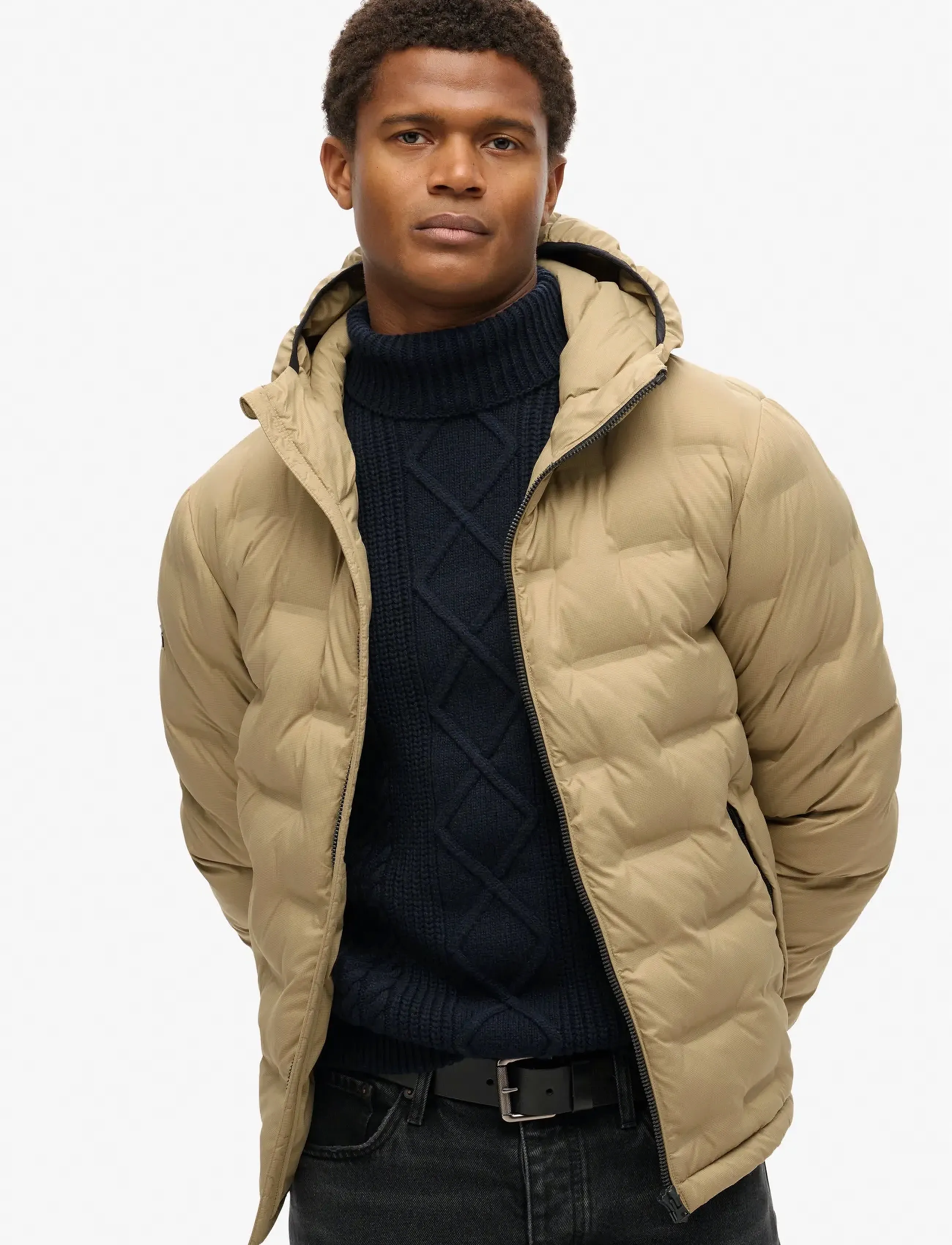Superdry Hooded Quilted Puffer Coat, M, Beige, Jakker > Vatterede Jakker, Herre