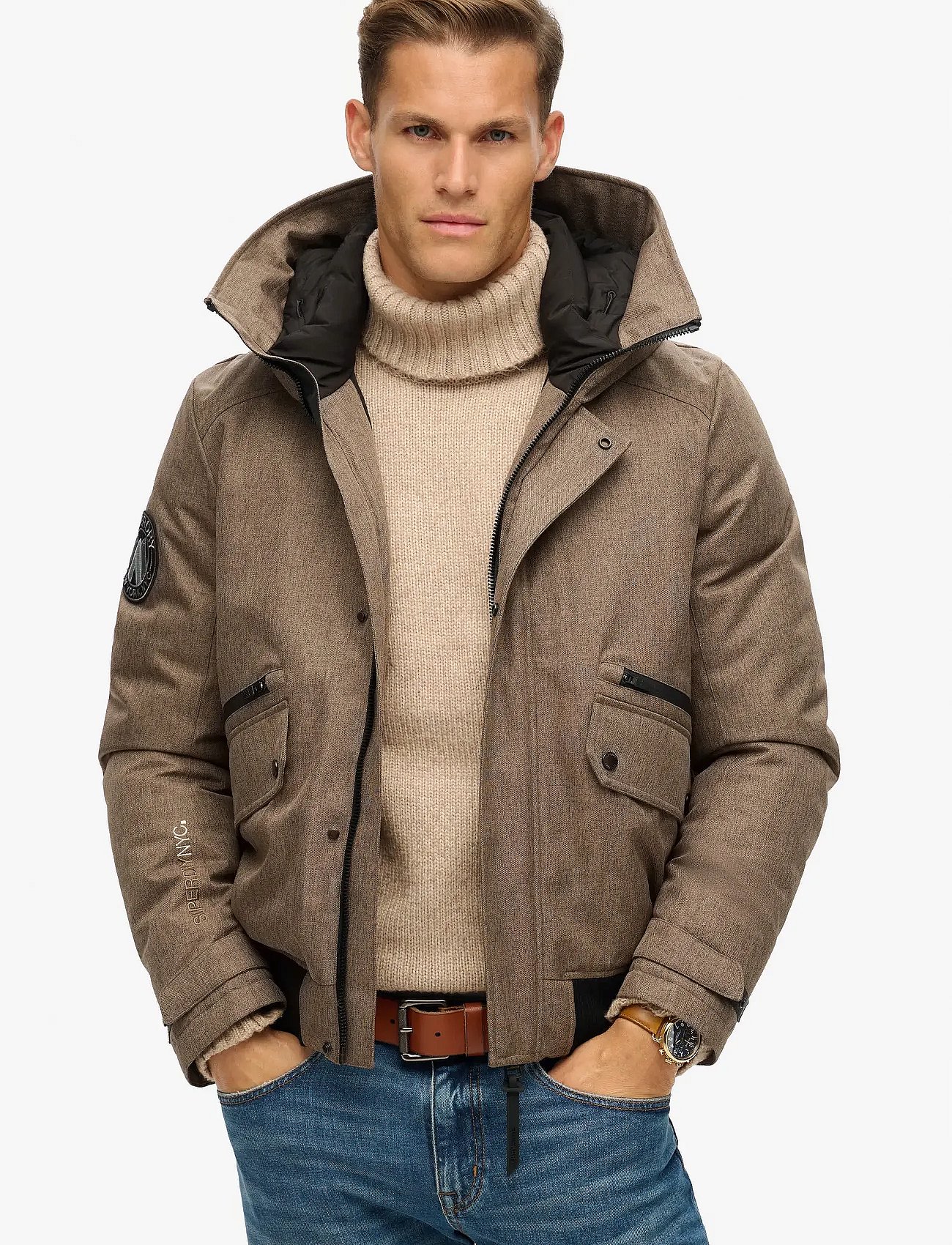 CITY TWEED PADDED BOMBER JKT - BEIGE HERRINGBONE