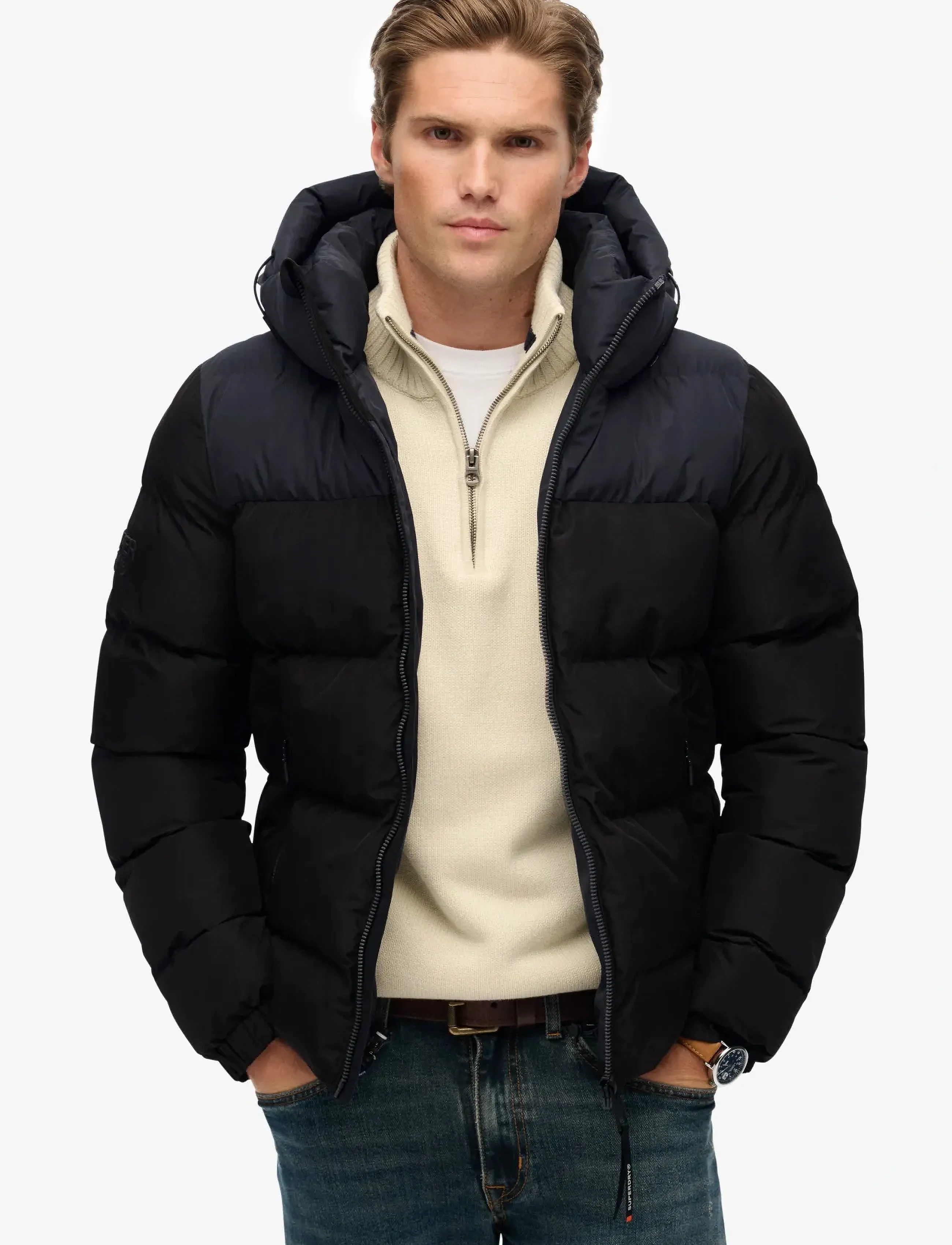 Superdry COLOURBLOCK HOODED PUFFER JKT - Jacken - BLACK/EBONY / black