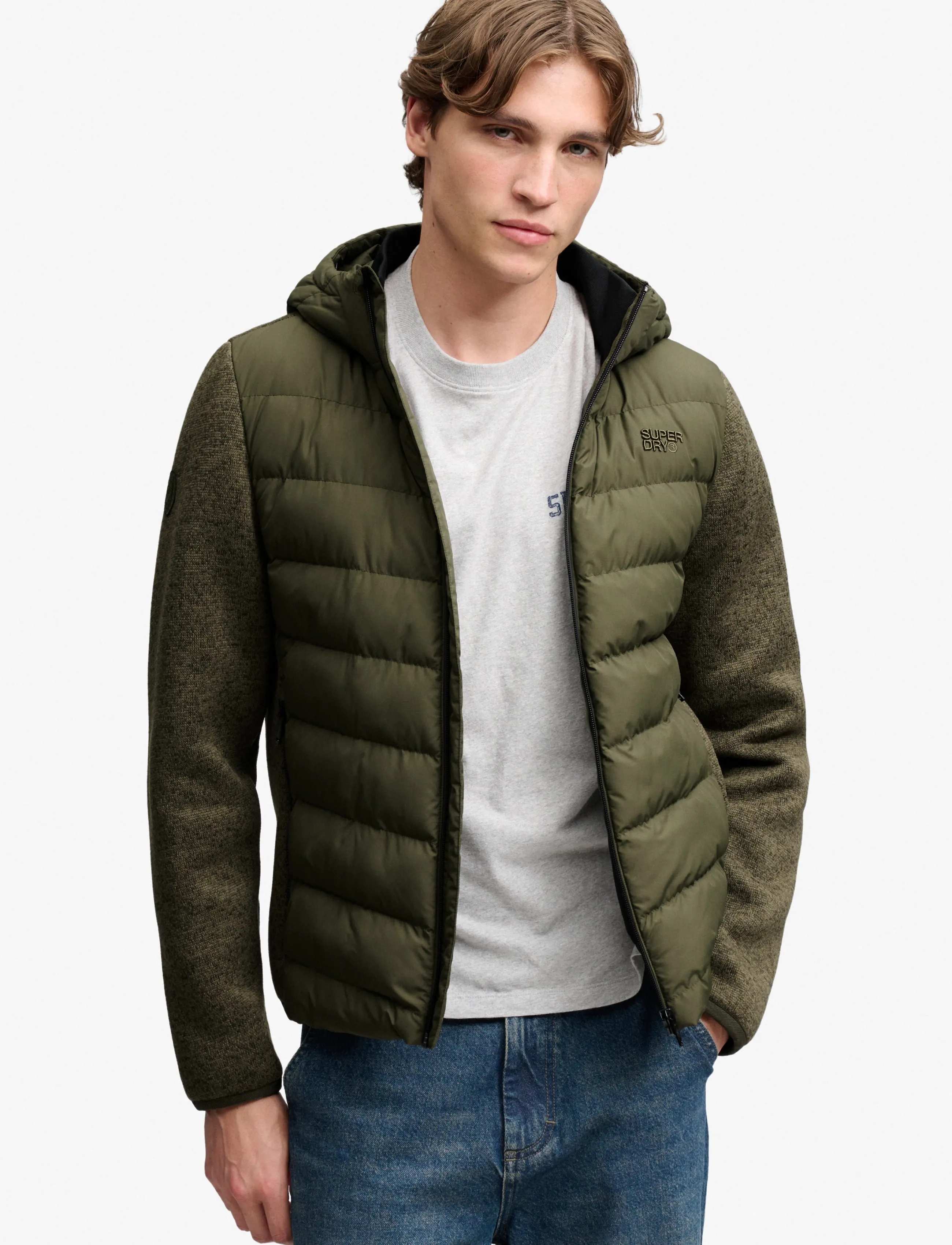 Superdry HOODED STORM KNIT HYBRID JKT - Donsjassen - KHAKI GREEN MARL / khaki/green