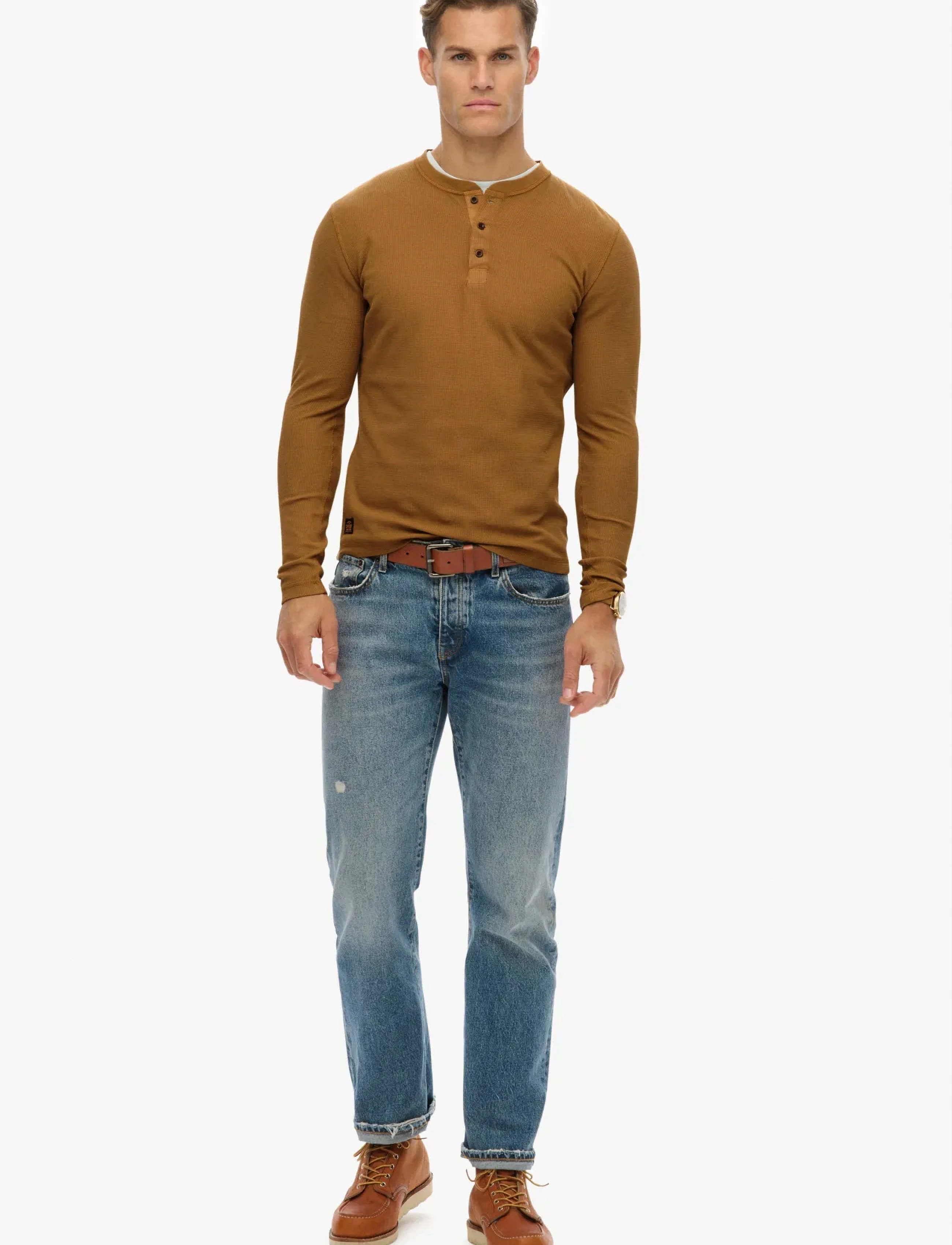 Superdry - WAFFLE LONG SLEEVE HENLEY TOP - classic brown camel - 2