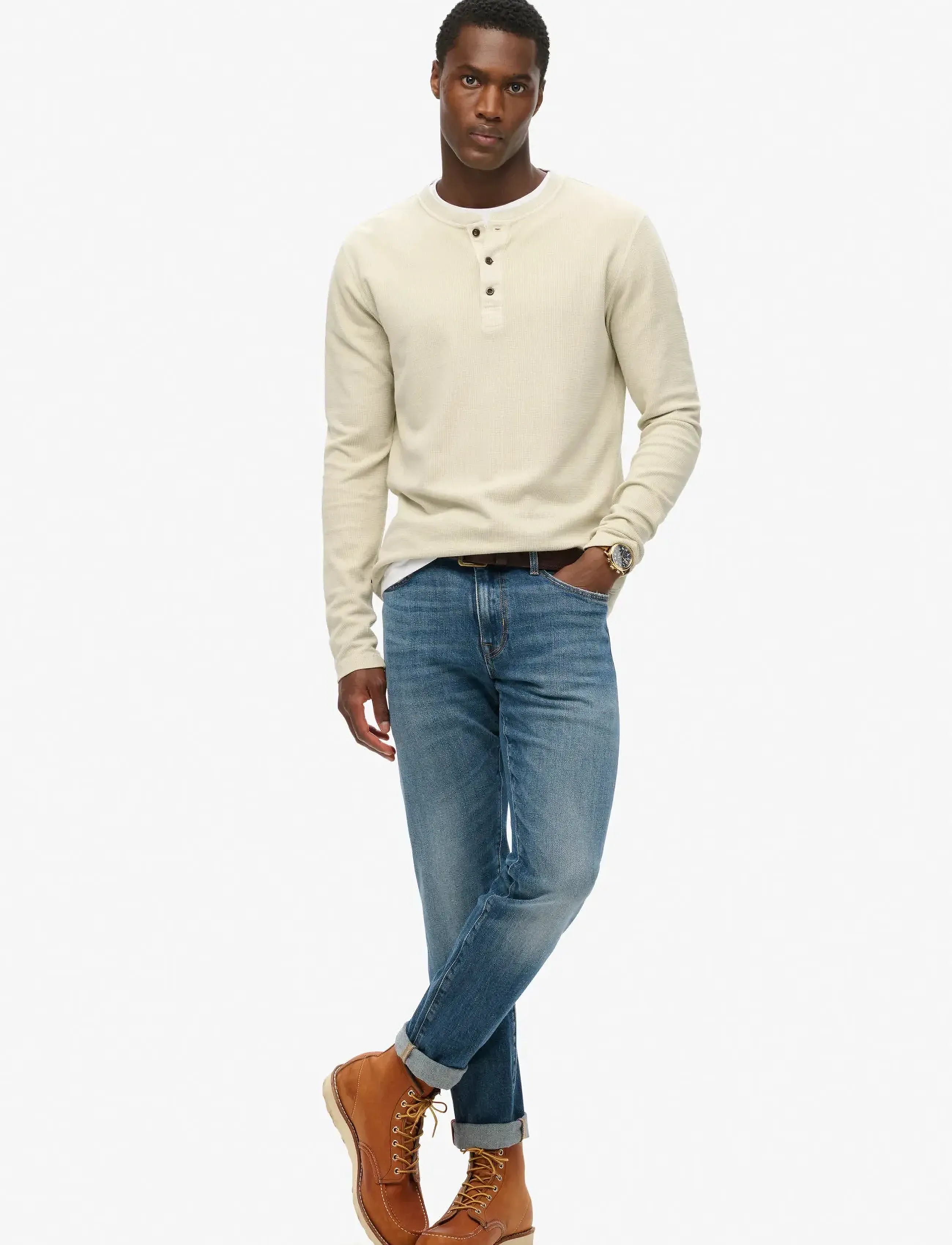Superdry - WAFFLE LONG SLEEVE HENLEY TOP - light stone beige - 3