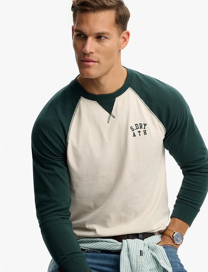 Superdry - VINTAGE ATHLETIC BASEBALL TOP - långärmade t-shirts - white sand/enamel green - 4