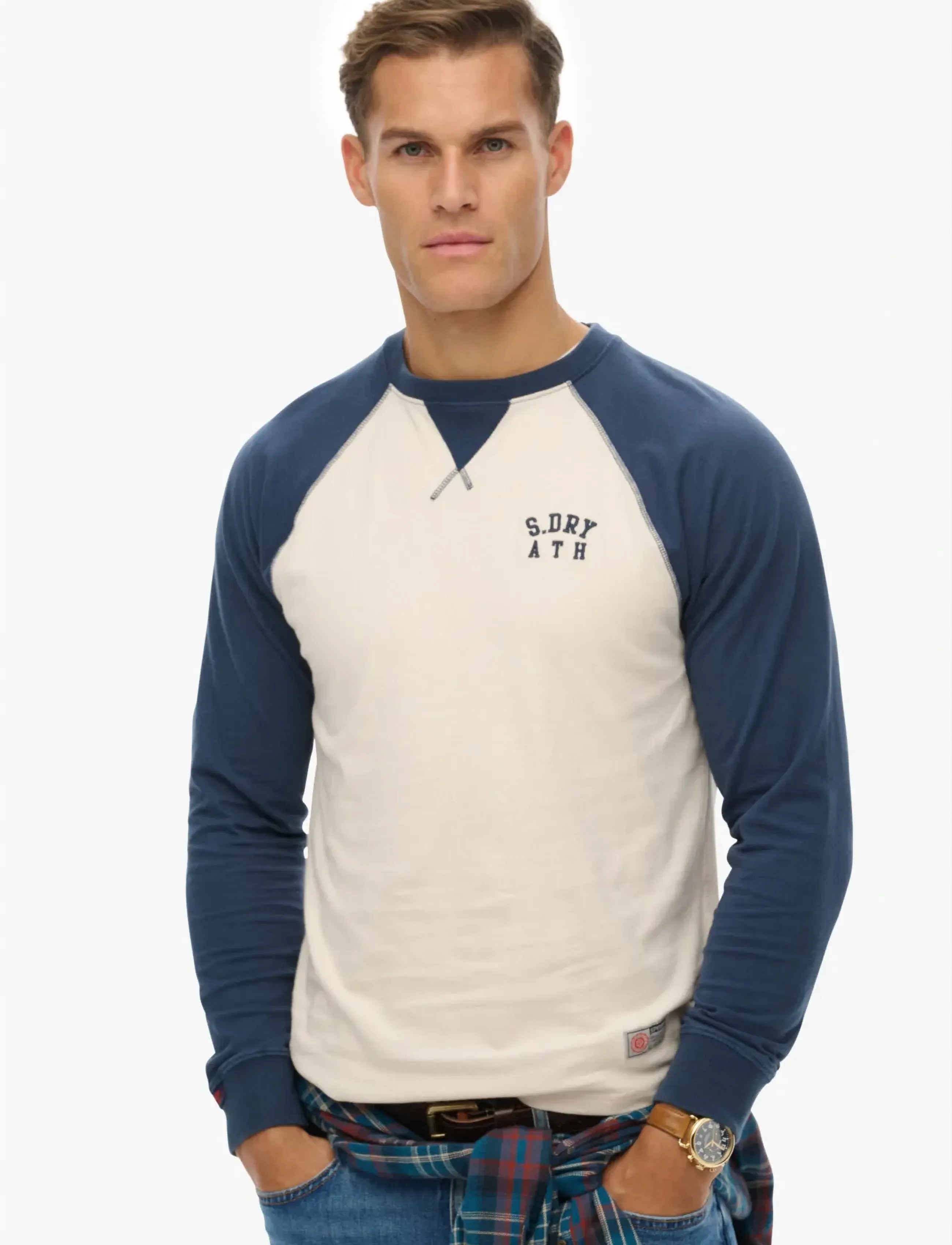 Superdry VINTAGE ATHLETIC BASEBALL TOP - Winter deals - WHITE SAND/LAUREN NAVY / cream