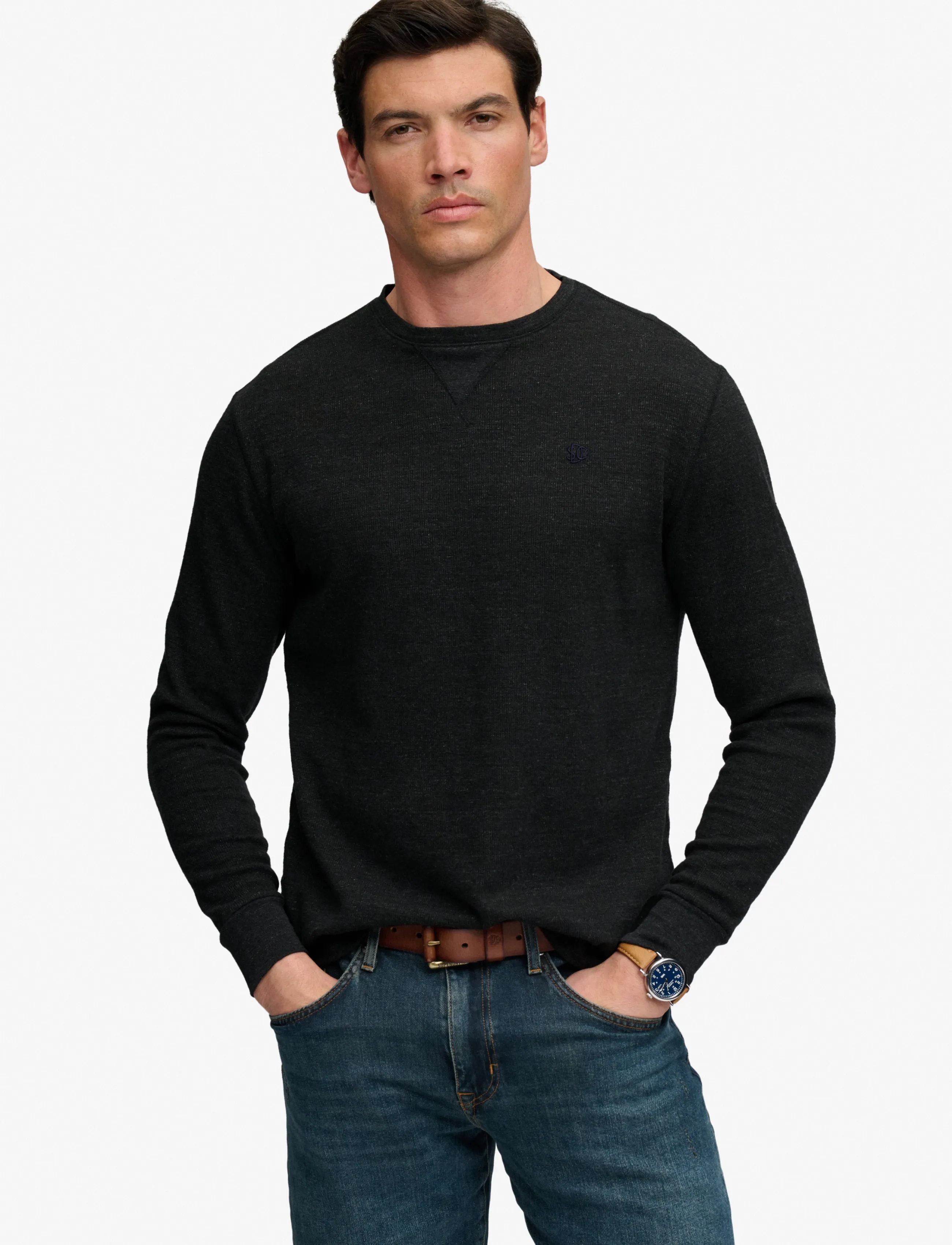 Superdry Classic Slub Waffle Top, Mænd, Langærmet Slub Vaffel Top, Sort, Str: XXL