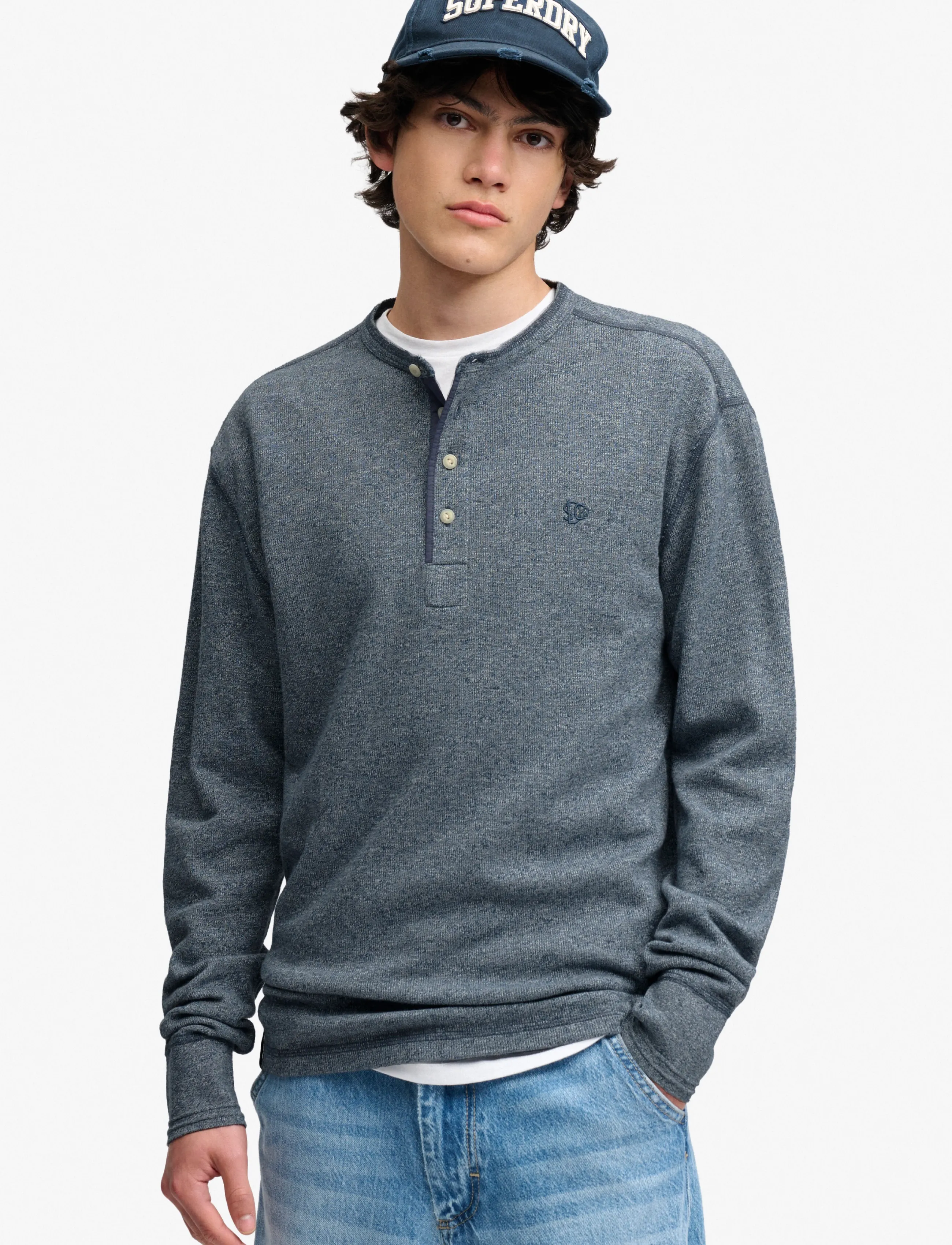 Superdry MINI SLUB WAFFLE LS GRANDAD - T-shirts - DENIM BLUE MARL / blue