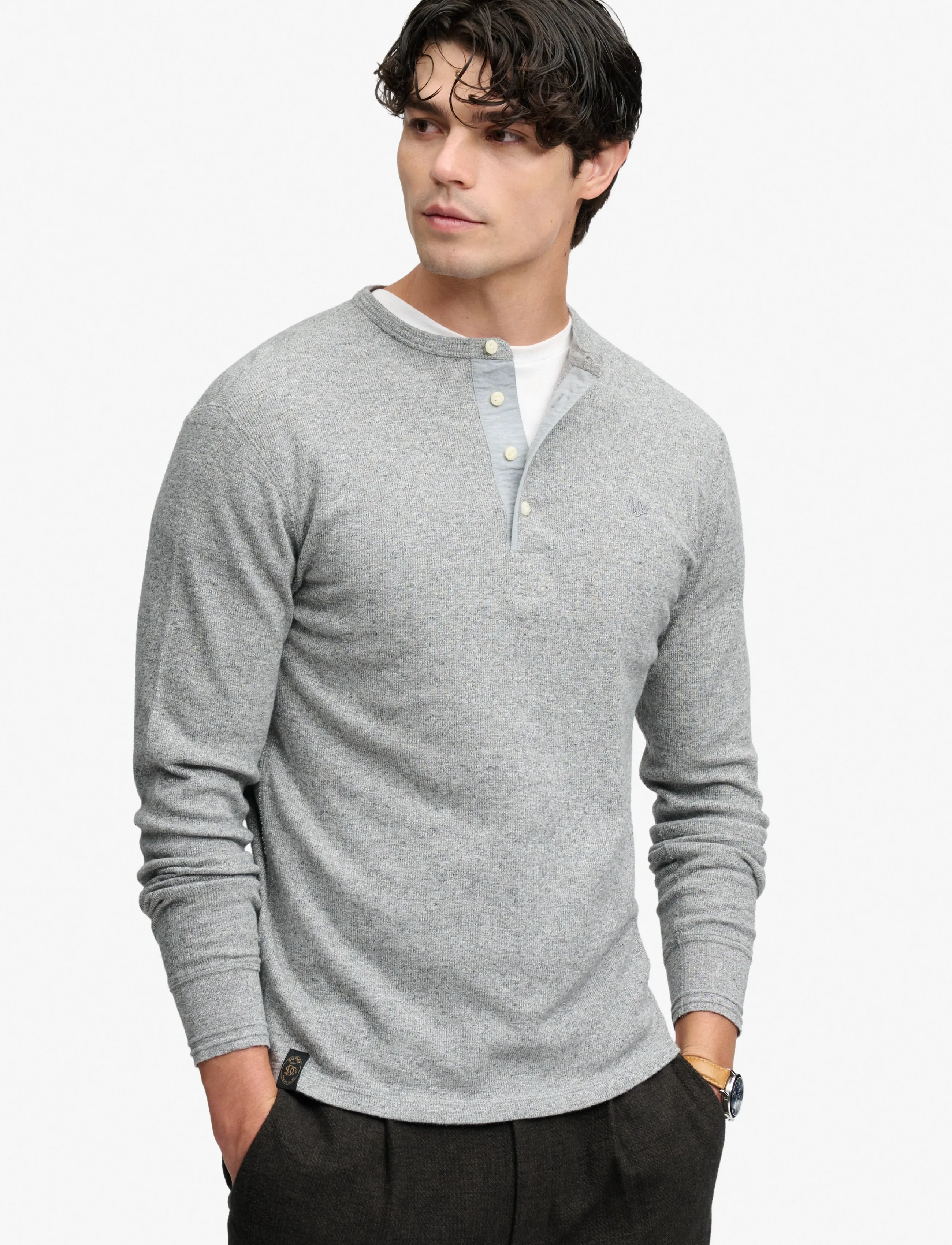 Superdry MINI SLUB WAFFLE LS GRANDAD - Superdry - GREY GRIT MARL / grey