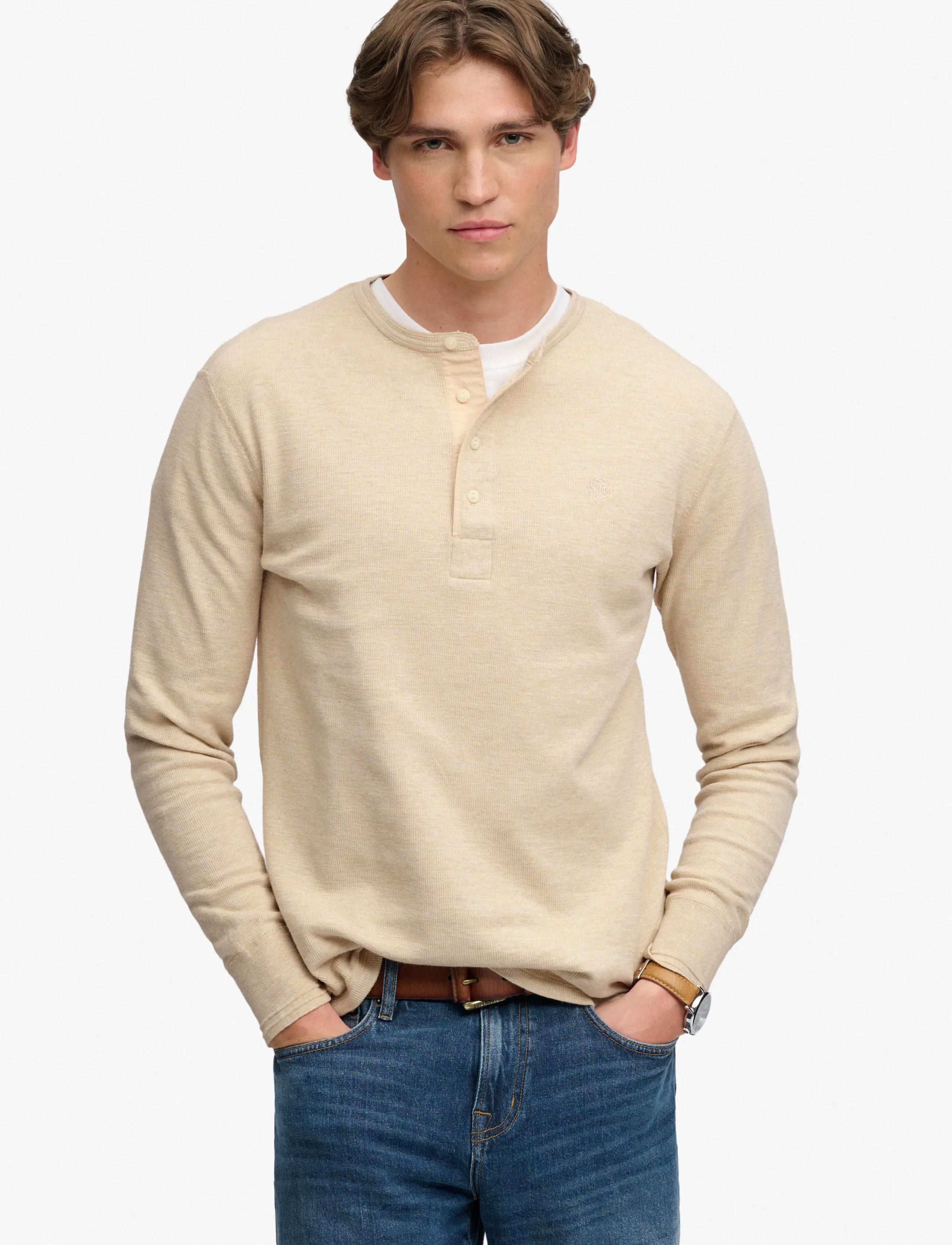 Superdry MINI SLUB WAFFLE LS GRANDAD - T-Shirts - OATMEAL MARL / beige