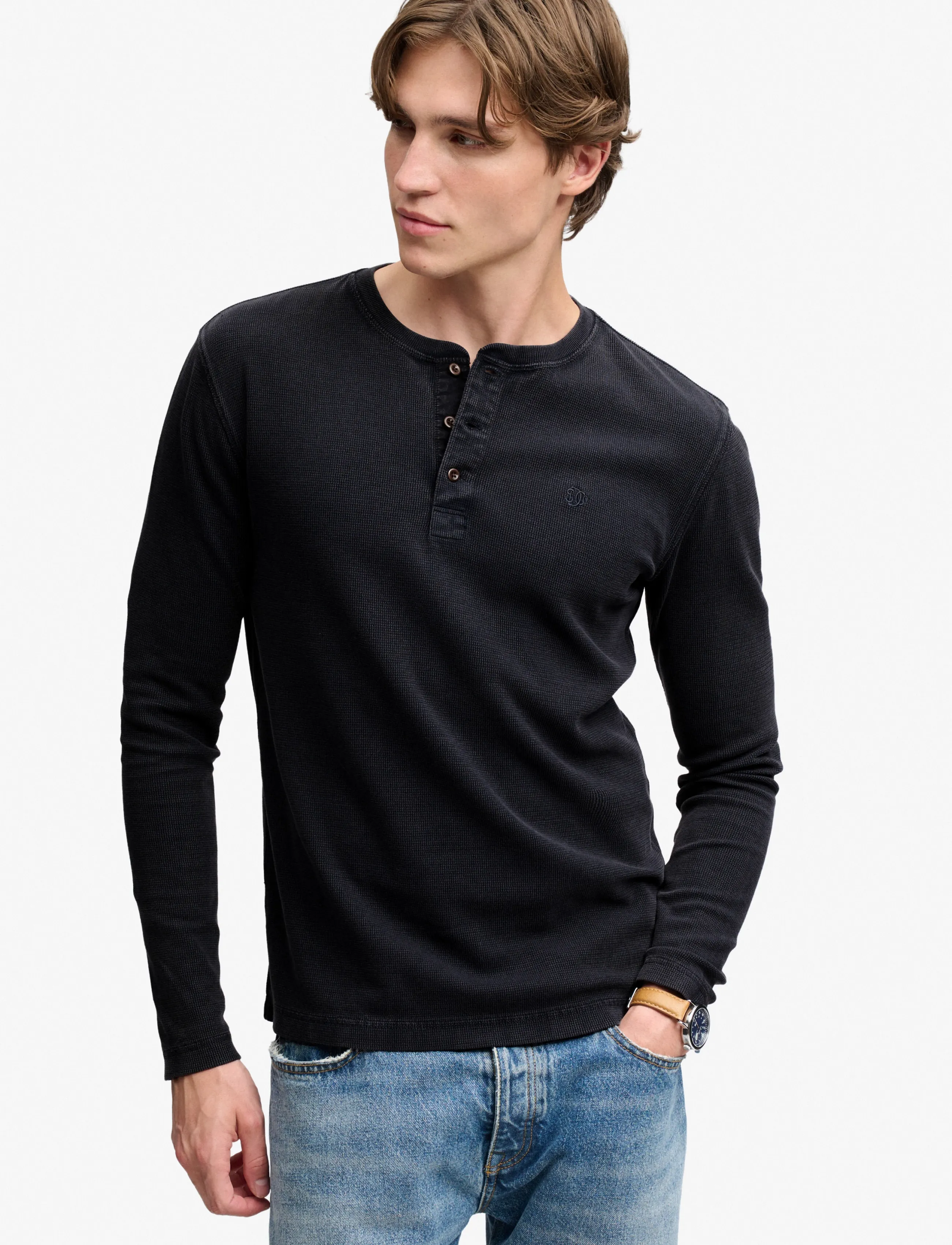 Superdry - WAFFLE LONG SLEEVE HENLEY TOP - french blue - 0