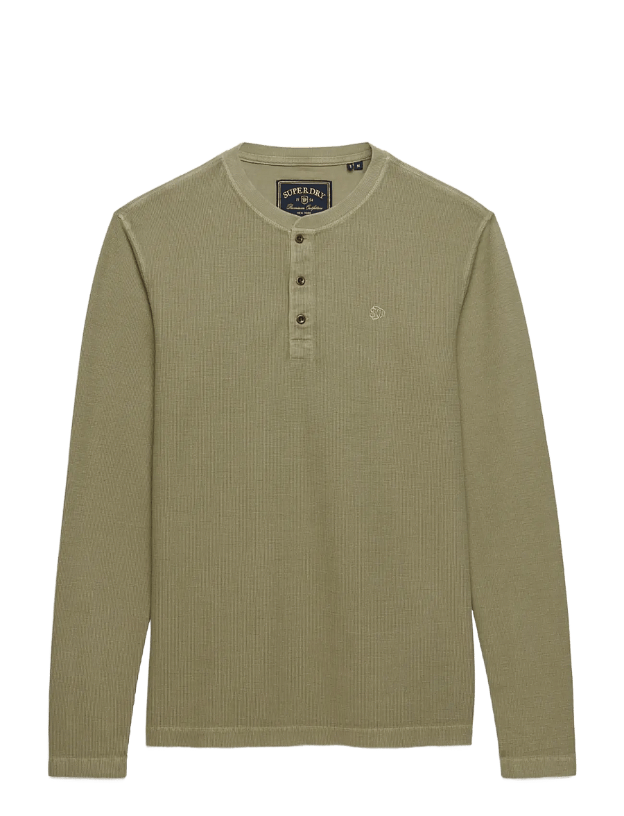 Superdry - WAFFLE LONG SLEEVE HENLEY TOP - langärmelige strick-polohemden - light khaki green - 1