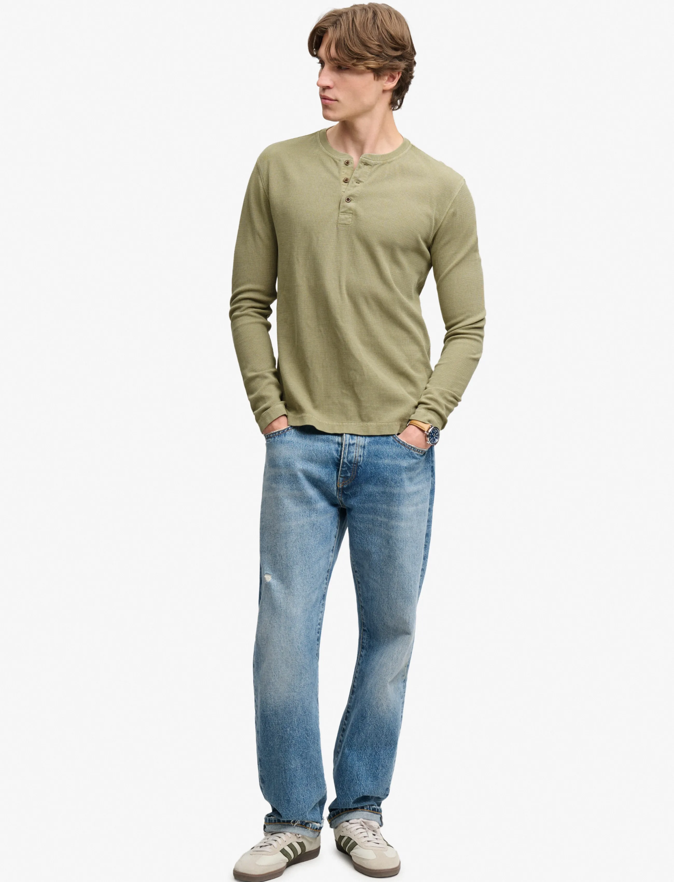 Superdry - WAFFLE LONG SLEEVE HENLEY TOP - langärmelige strick-polohemden - light khaki green - 5
