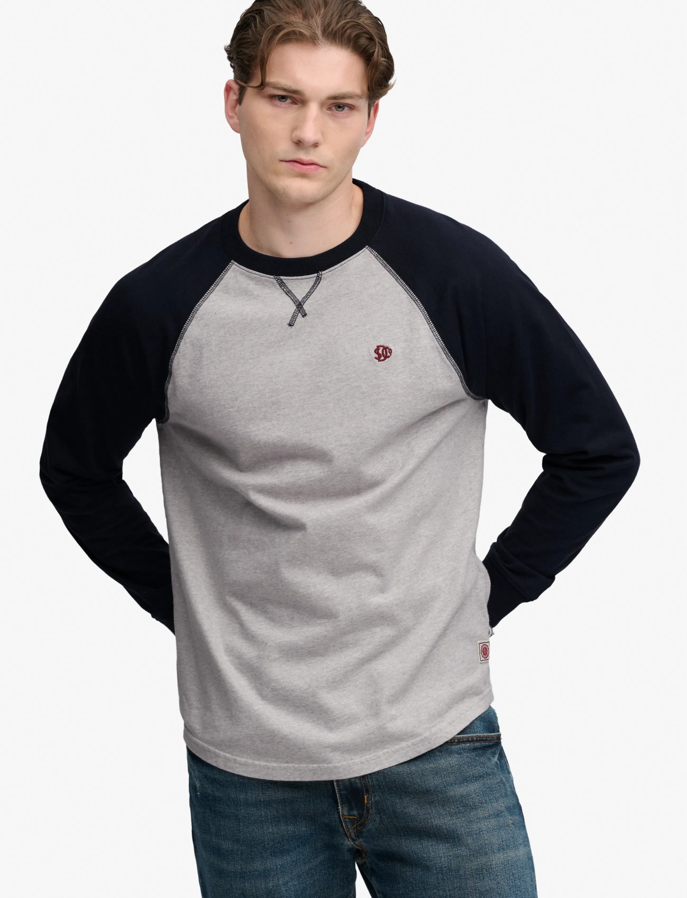 Superdry VINTAGE ATHLETIC BASEBALL TOP - Pikkade varrukatega T-särgid - BROOKLYN GREY MARL/NAVY / grey