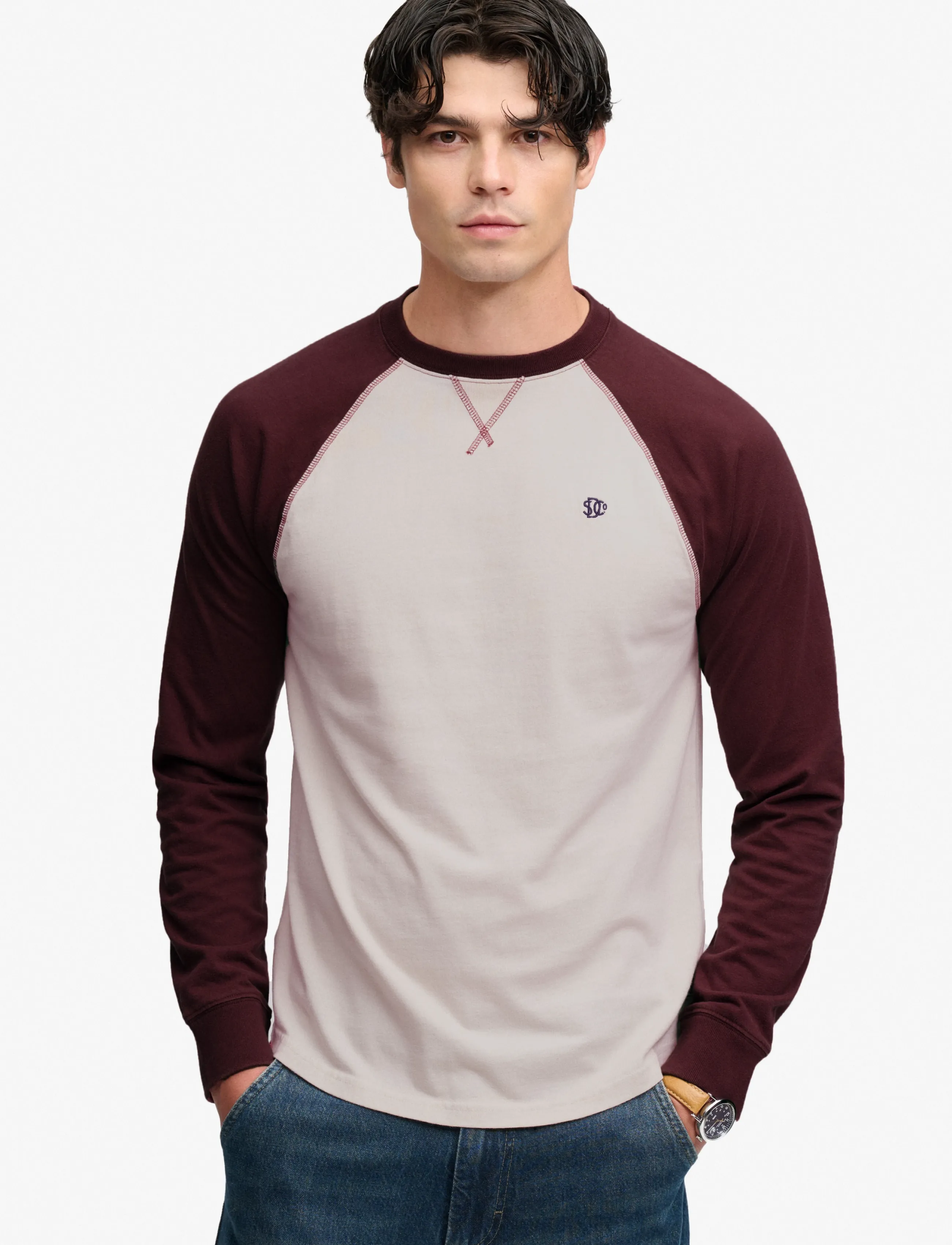 Superdry VINTAGE ATHLETIC BASEBALL TOP - Superdry - WHITE SAND/DARK OXBLOOD / cream