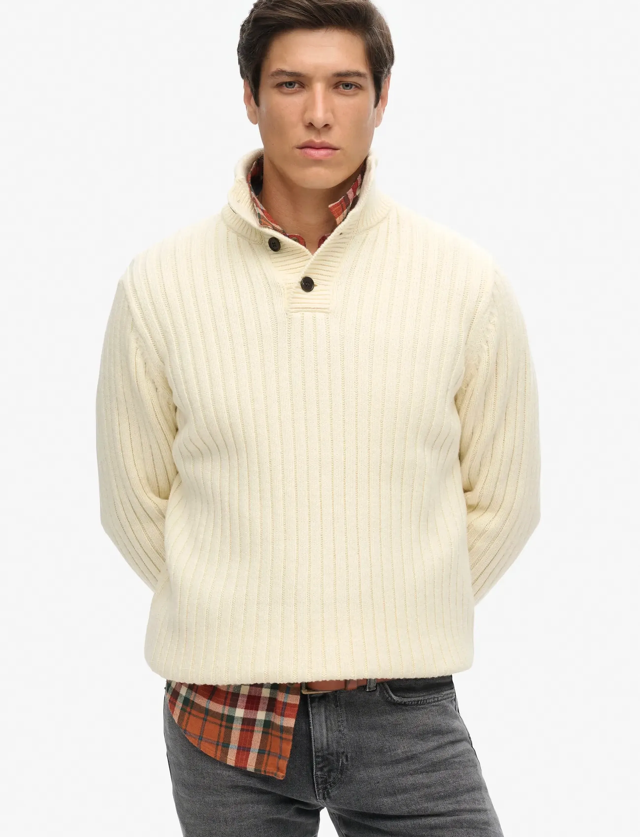 Superdry Vintage Ribbed Henley, Mænd, Ribstrikket Henley Trøje, Cream, Str: XL