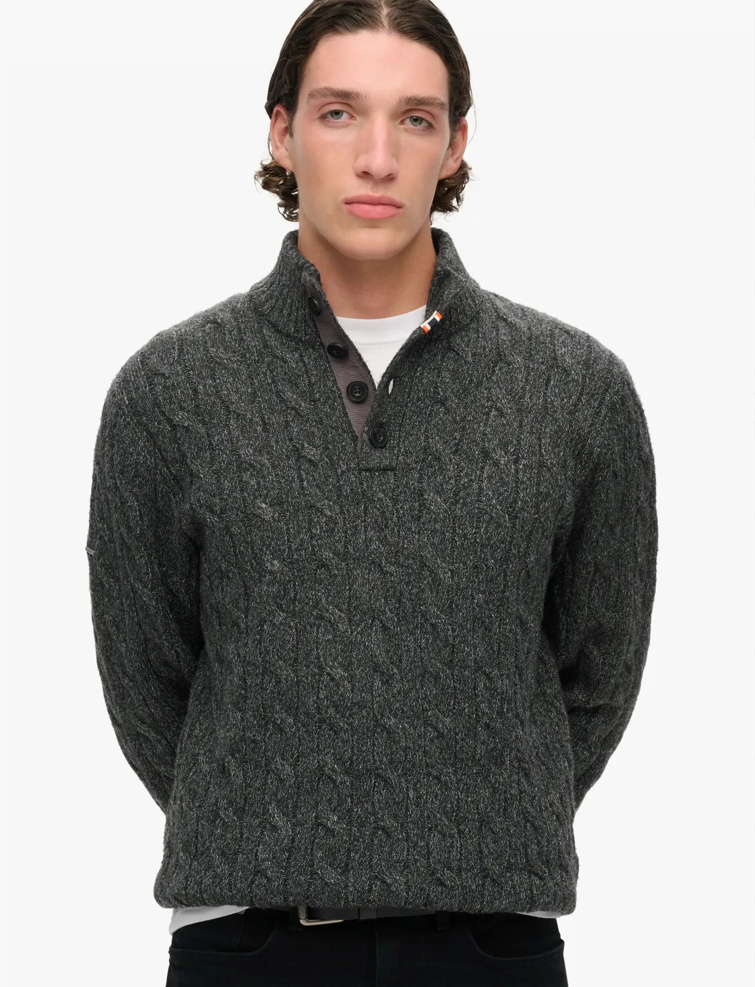 Superdry Cable Button Neck Jumper, XXL, Knitwear, Grau - V-necks, Männerswear