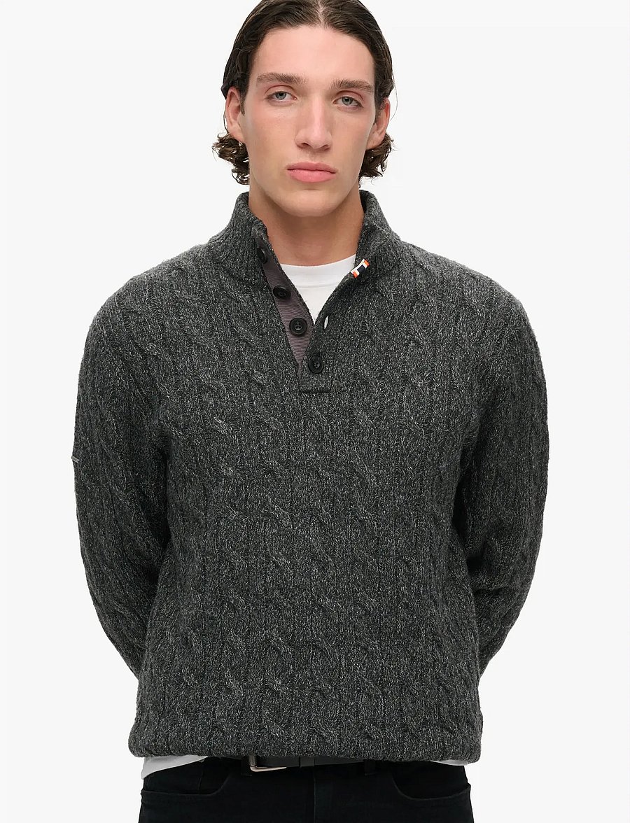 Superdry - CABLE BUTTON NECK JUMPER - v-kaelusega kudumid - washed black - 0