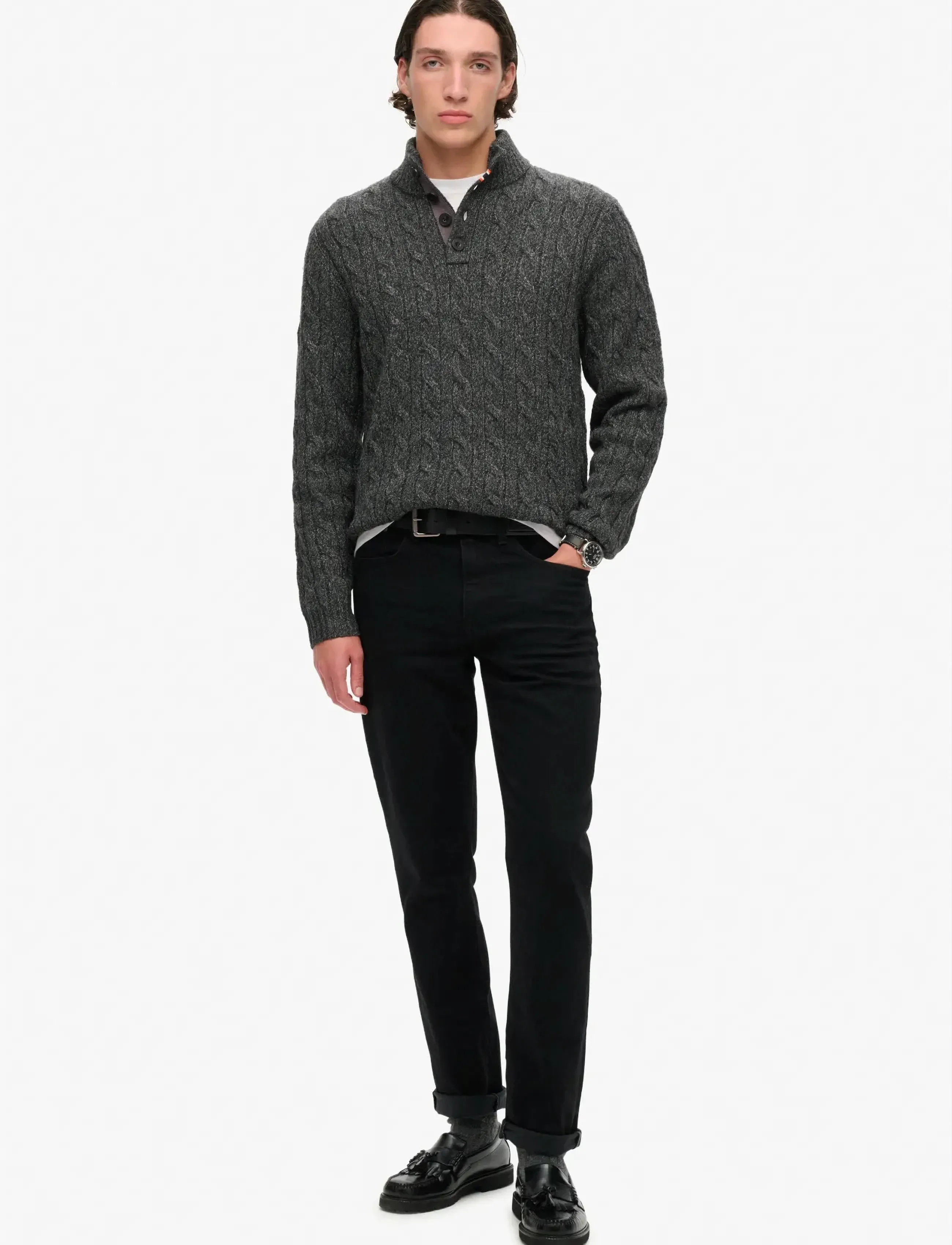 Superdry - CABLE BUTTON NECK JUMPER - basic-strickmode - washed black - 2