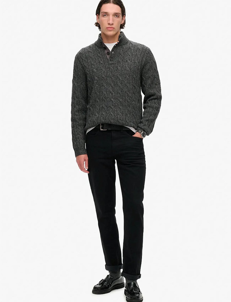 Superdry - CABLE BUTTON NECK JUMPER - v-kaelusega kudumid - washed black - 2