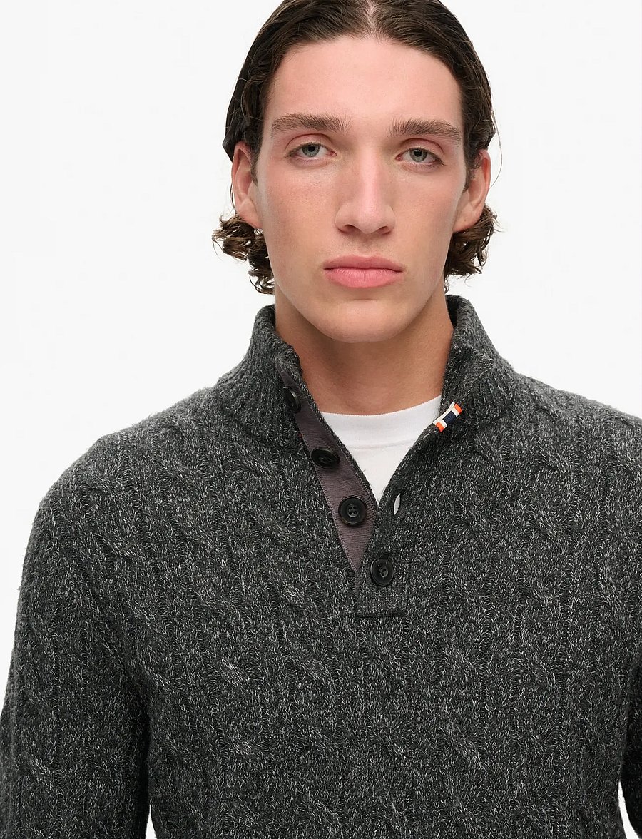 Superdry - CABLE BUTTON NECK JUMPER - v-kaelusega kudumid - washed black - 3