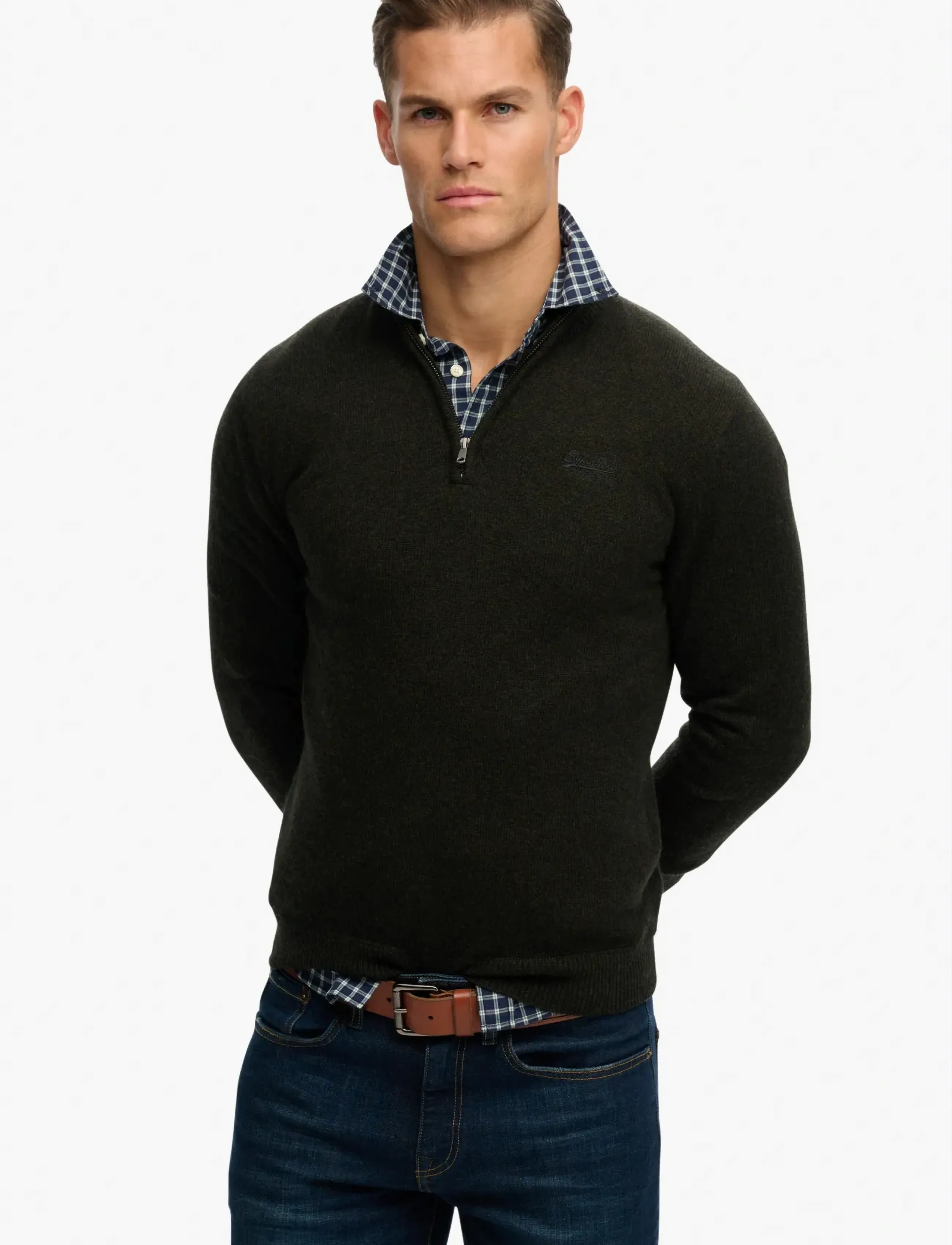 Superdry ESSENTIAL EMB KNIT HALF ZIP - Pullover mit halbem Reißverschluss - DARK MOSS MARL / khaki/green