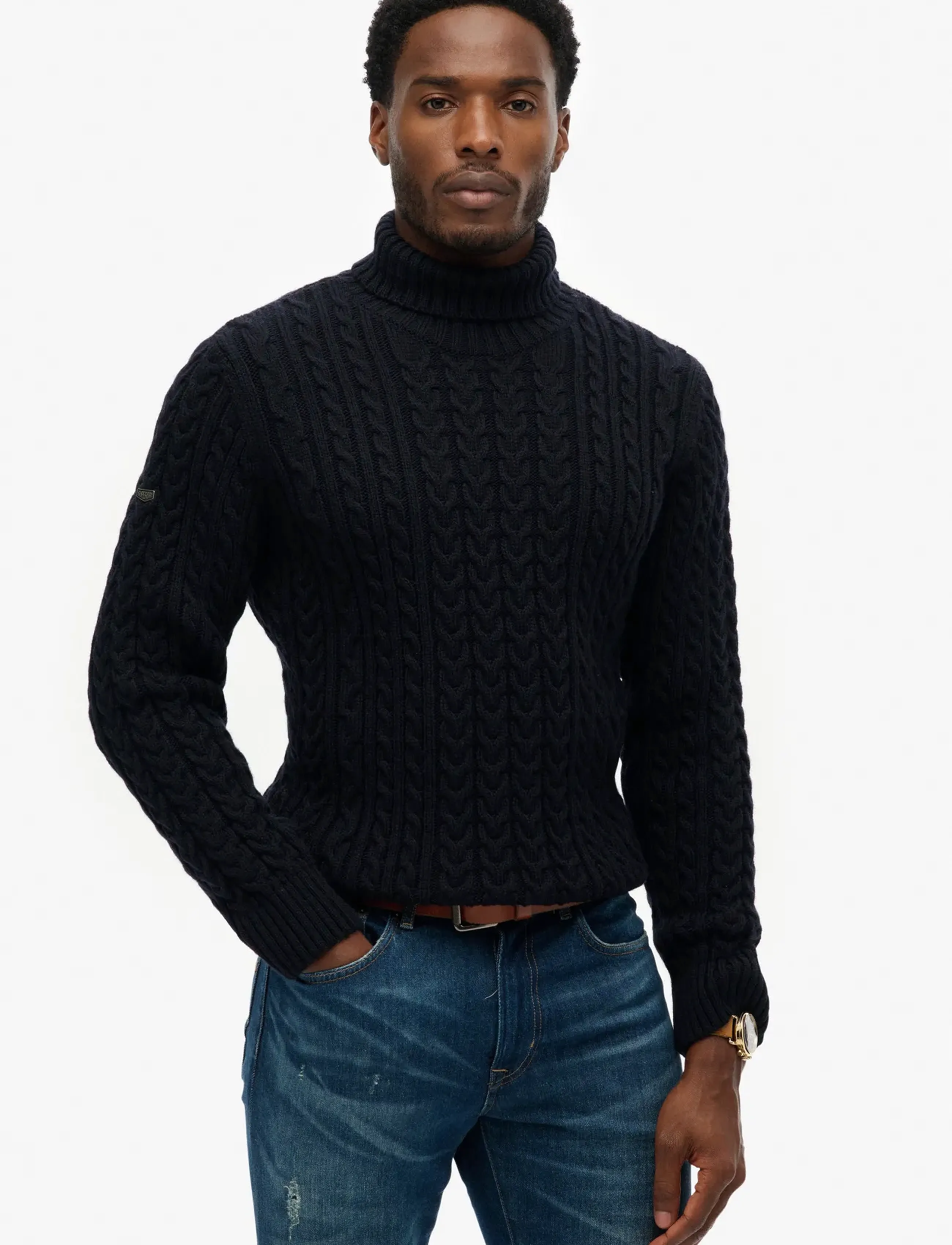 Superdry Jacob Cable Roll Neck Jumper, XL, Navy, Strik > Runde Halse, Herre