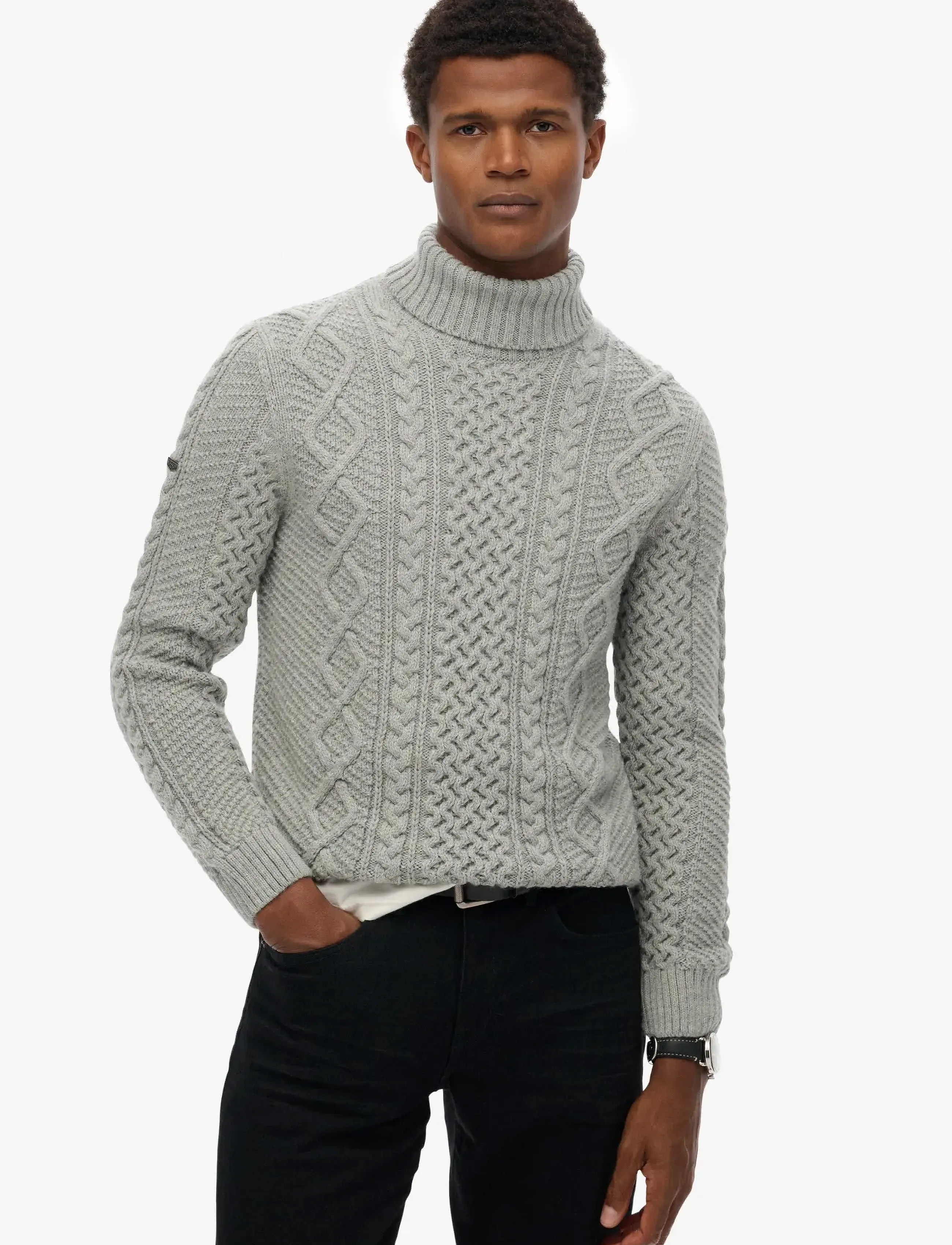 Superdry Jacob Cable Roll Neck Jumper, XXL, Grey, Strik > Runde Halse, Herre