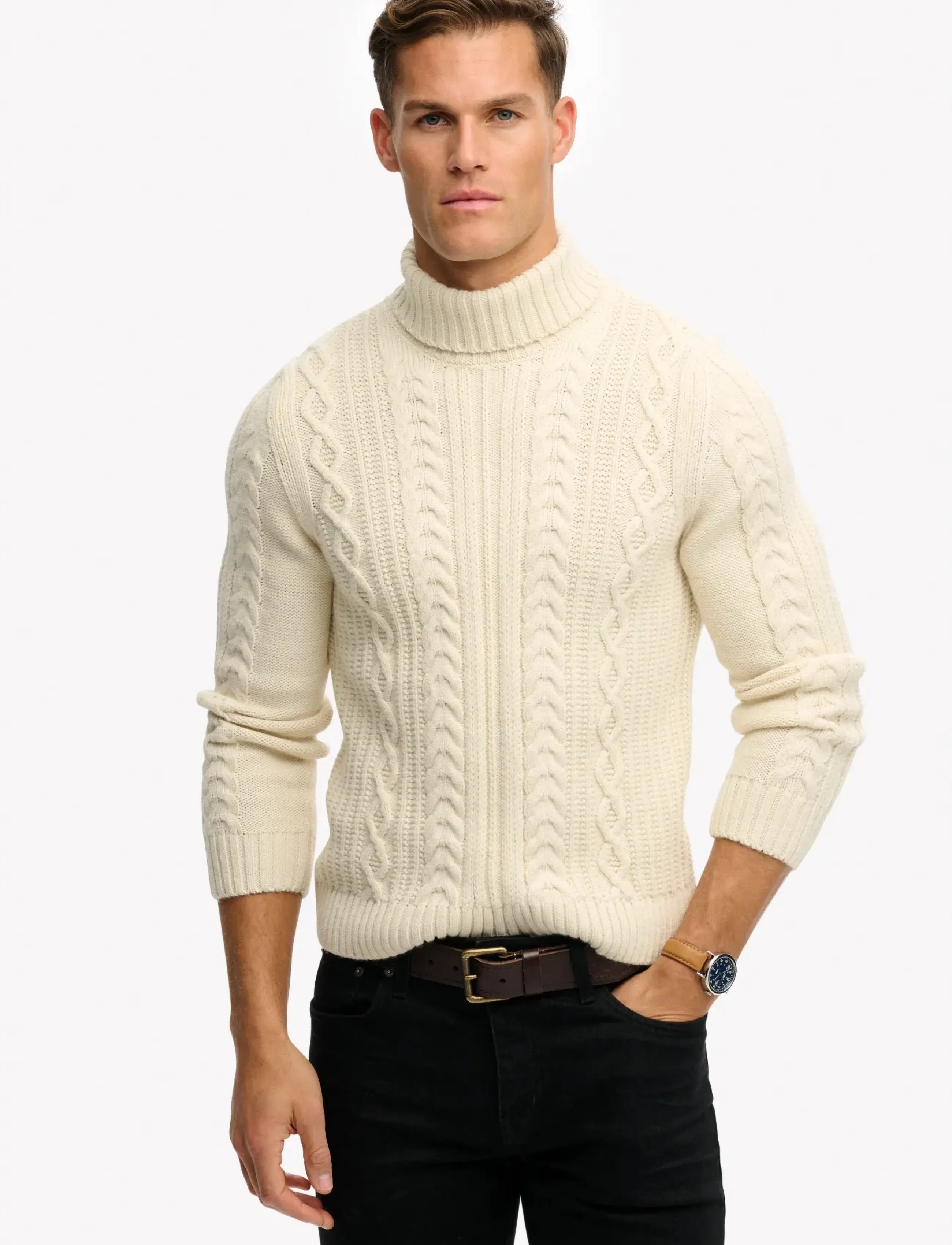 Superdry Jacob Cable Roll Neck Jumper, S, Cream, Strik > Runde Halse, Herre