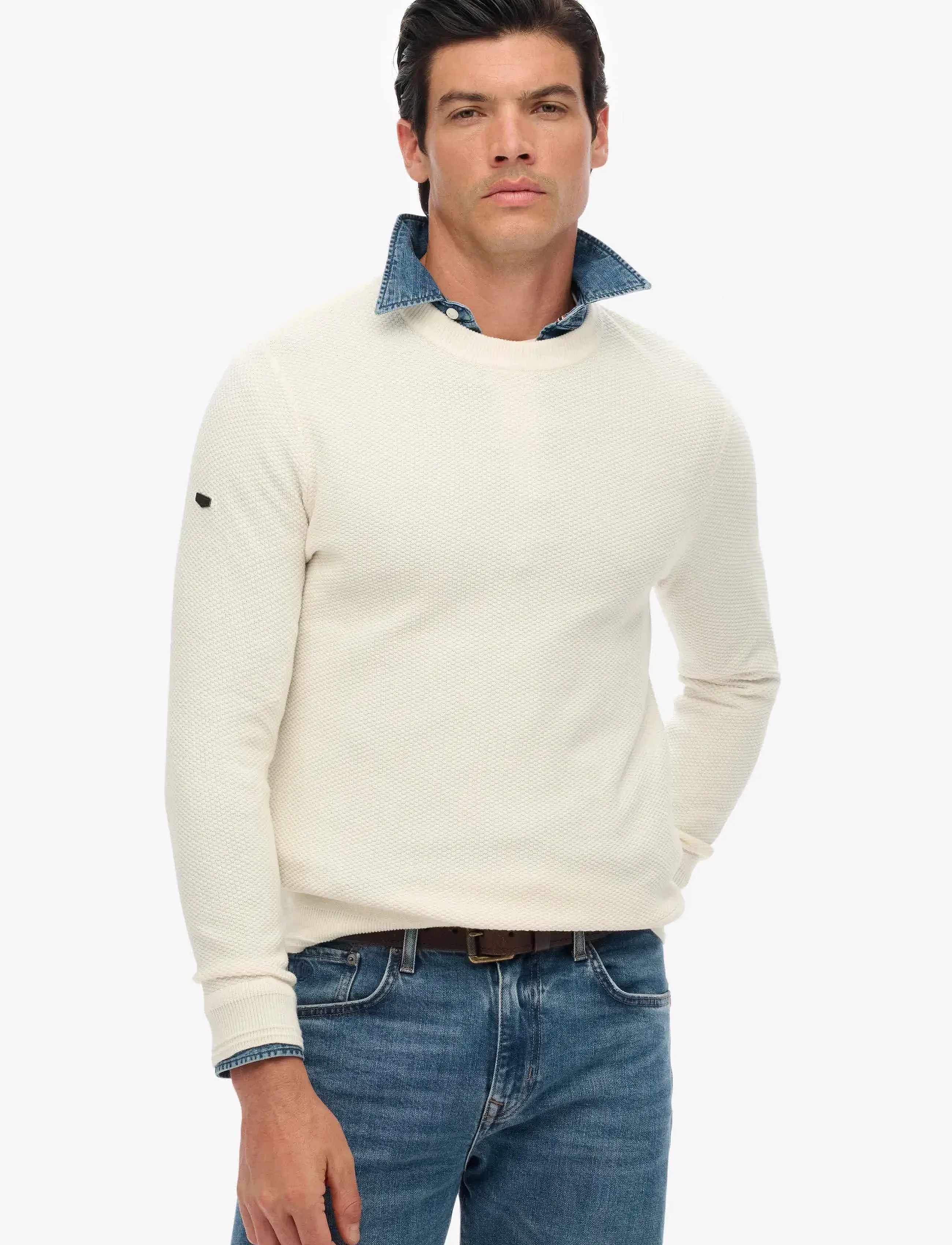 Superdry Lw Cotton Texture Jumper, L, White, Strik > Runde Halse, Herre