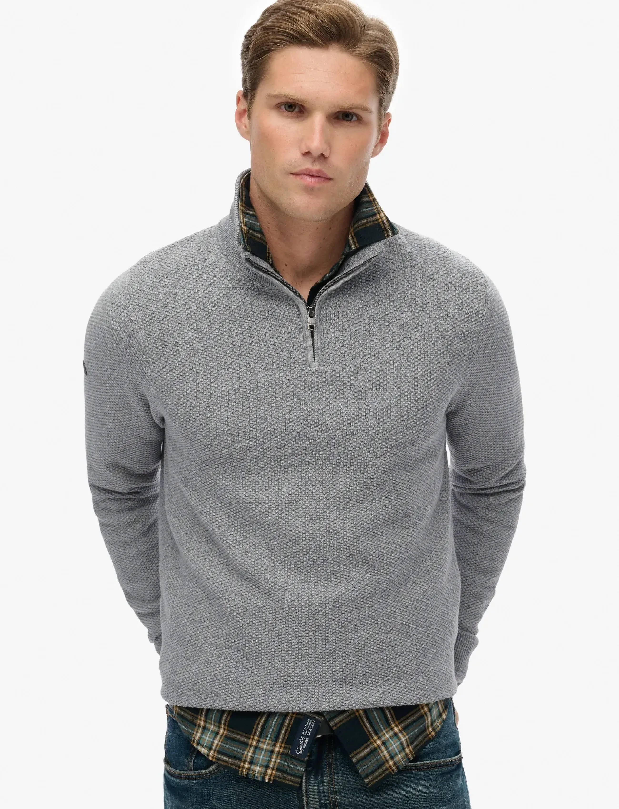 Superdry Lw Cotton Texture Half Zip, Mænd, Tekstureret Half Zip Sweater, Grå, Str: XXL