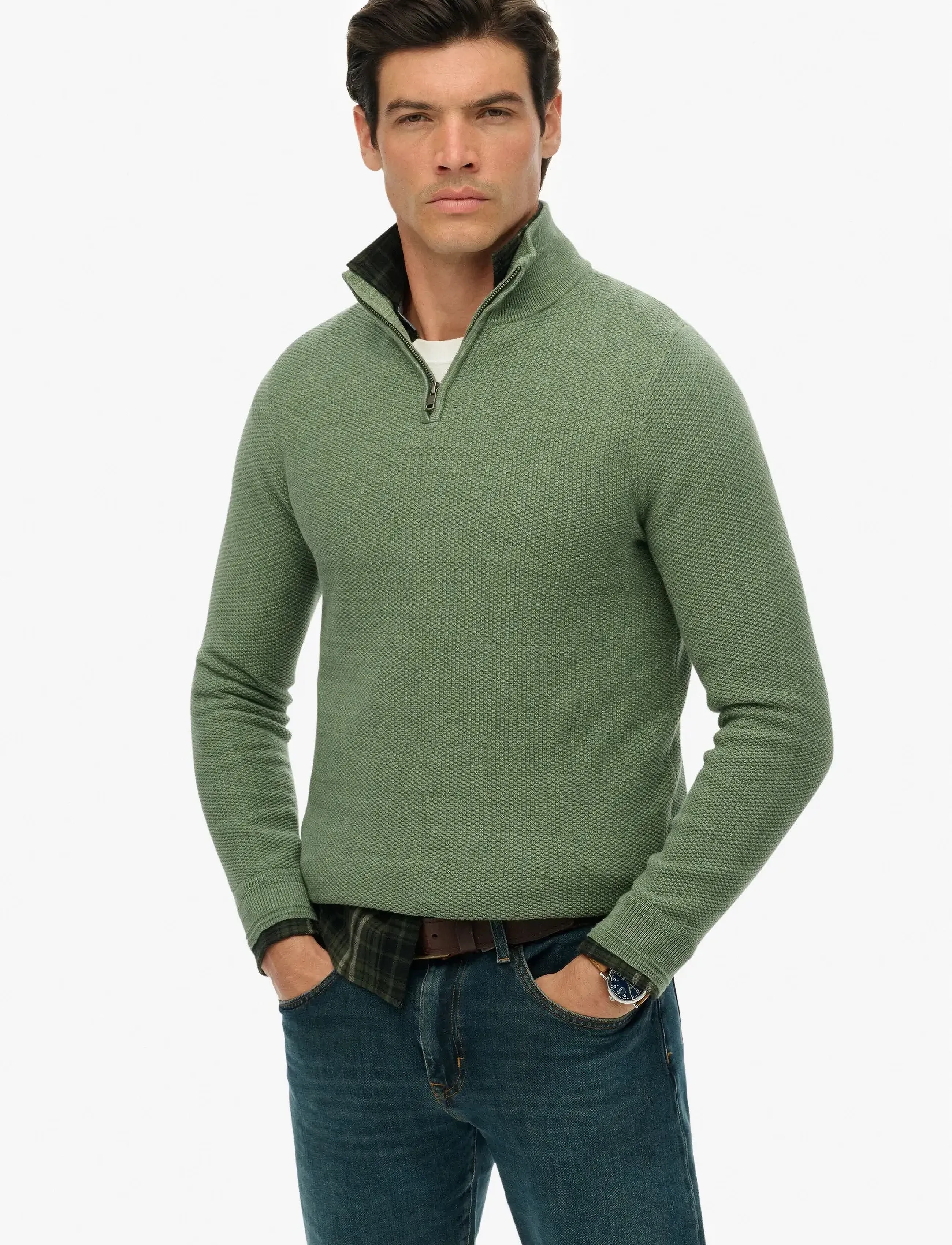 Superdry LW COTTON TEXTURE HALF ZIP - Looks for less - SAGE GREEN TWIST / green