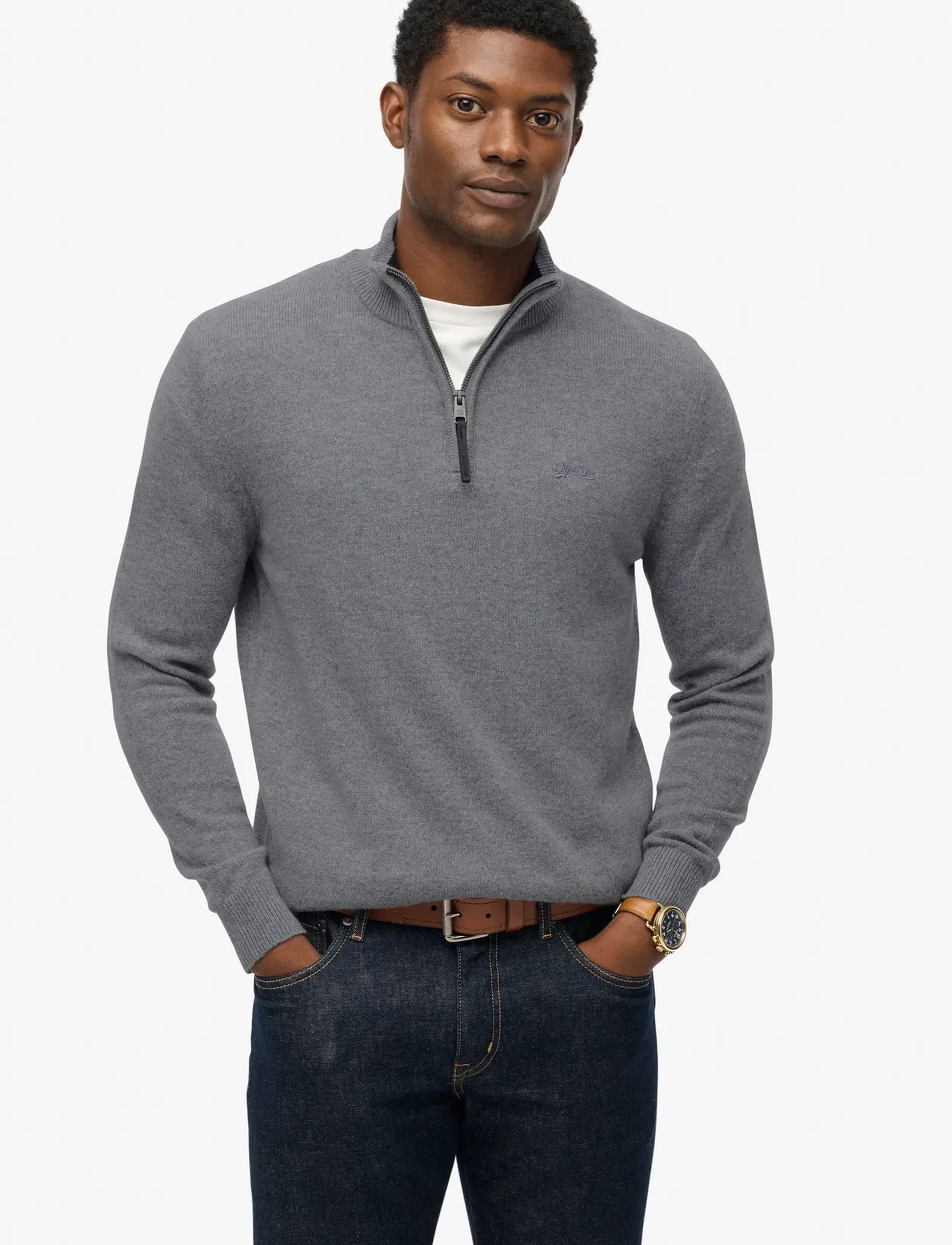 Superdry Wool Blend Half Zip Jumper, S, Knitwear, Grau - Jumpers, Männerswear