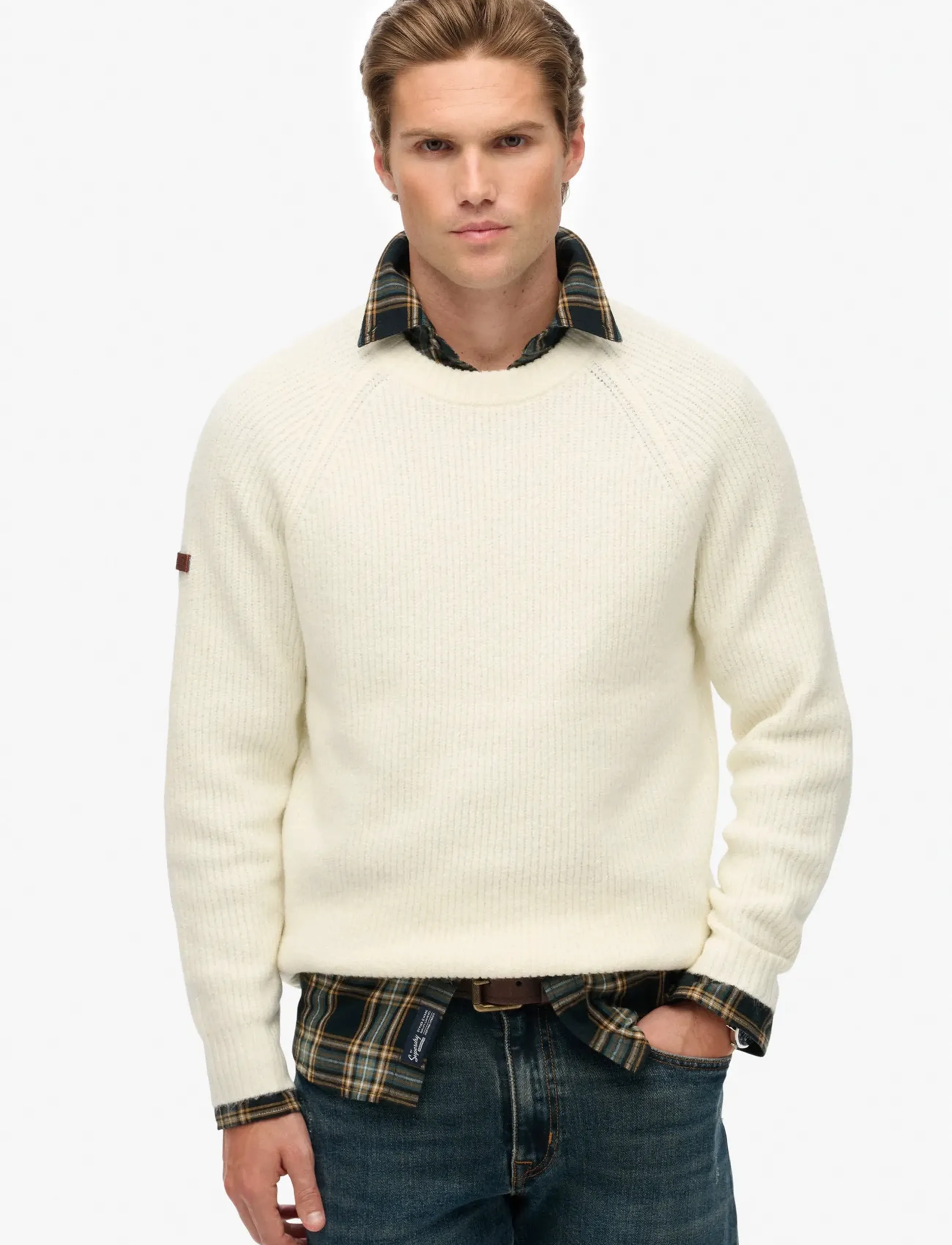 Superdry Chunky Raglan Jumper, Mænd, Kraftig Raglan Sweater, Cream, Str: L