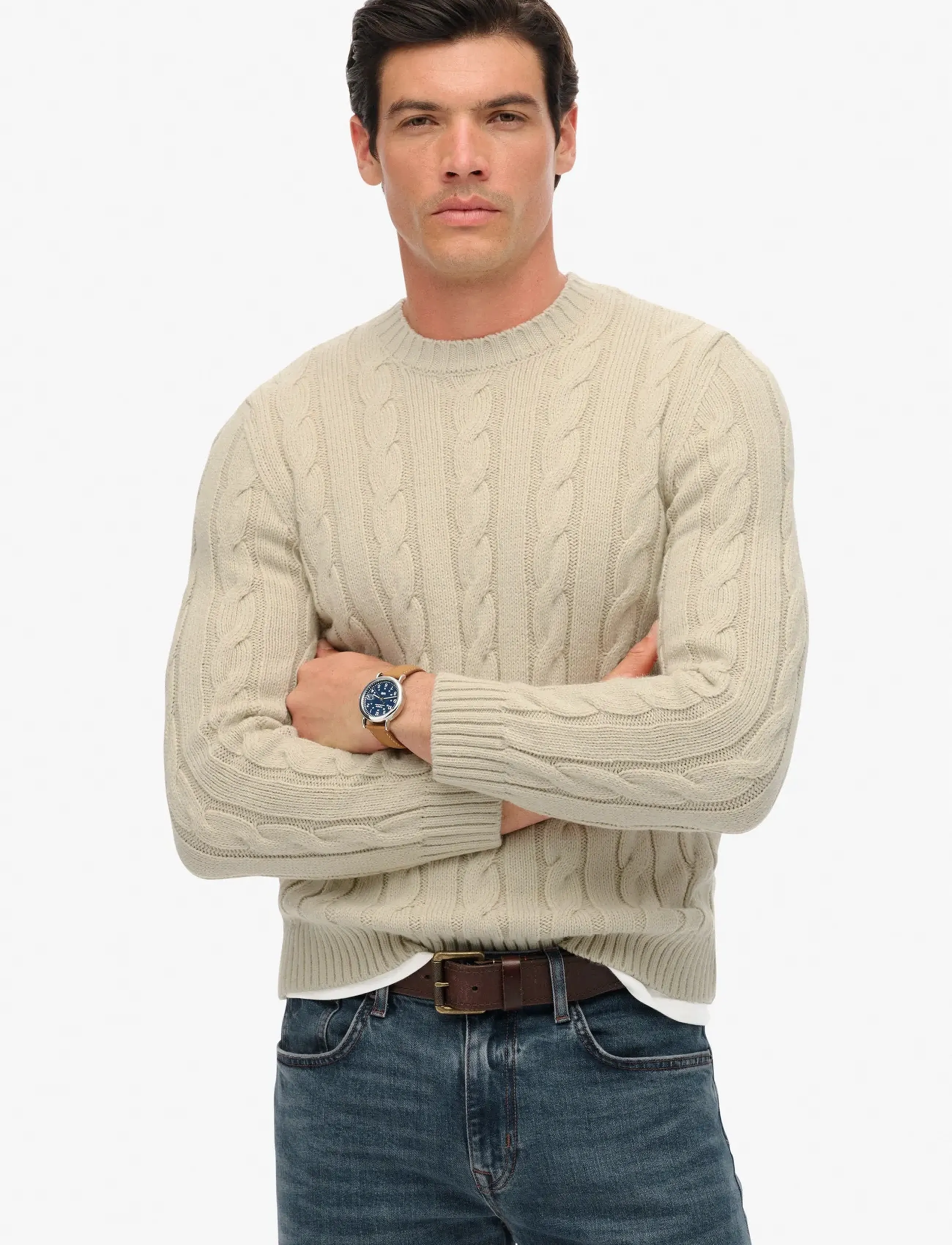 Superdry Jacob Cable Jumper, Mænd, Kabelstrikket Jumper, Cream, Str: XL