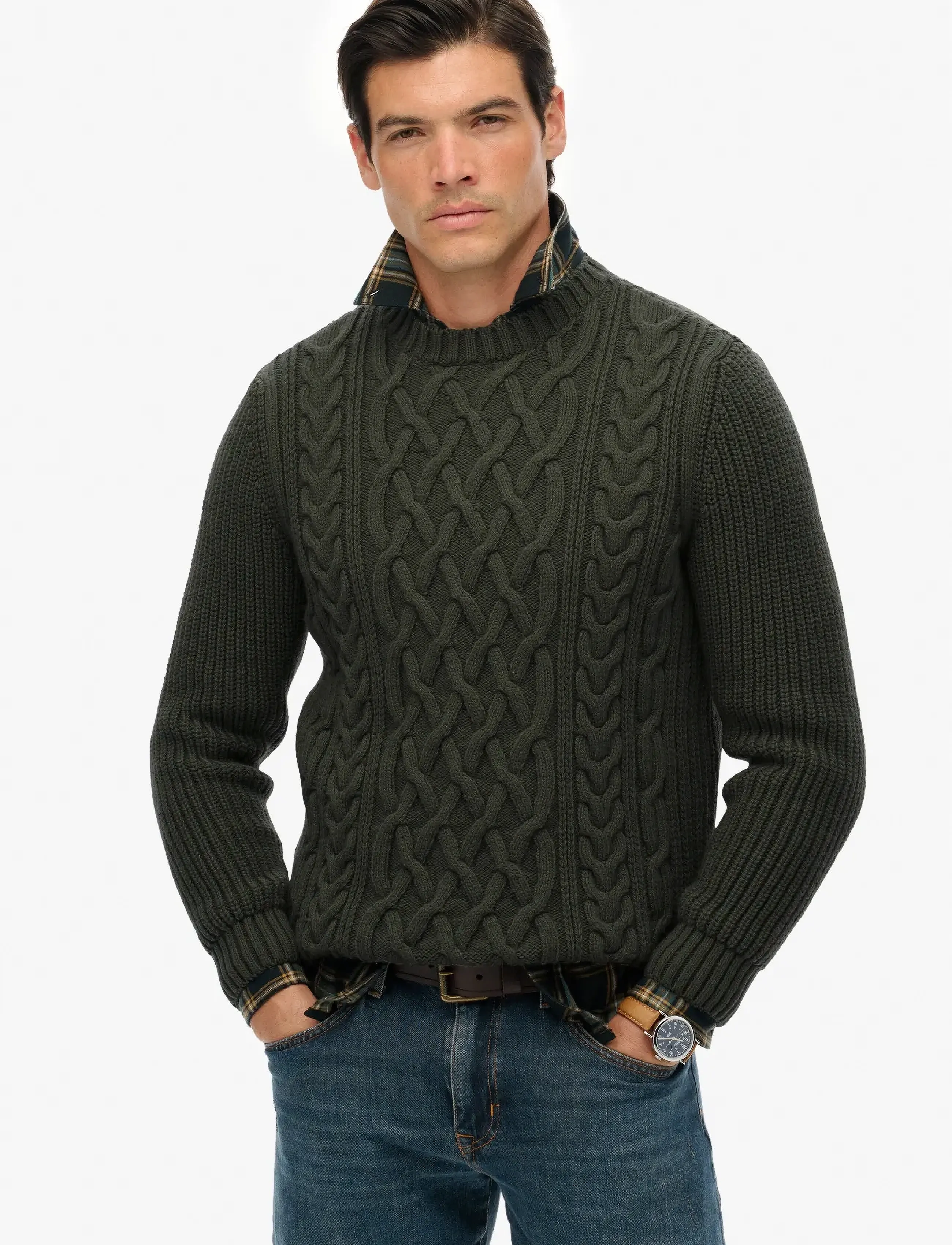 Superdry Jacob Cable Jumper, Mænd, Kabelstrikket Jumper, Kakigrøn, Str: S