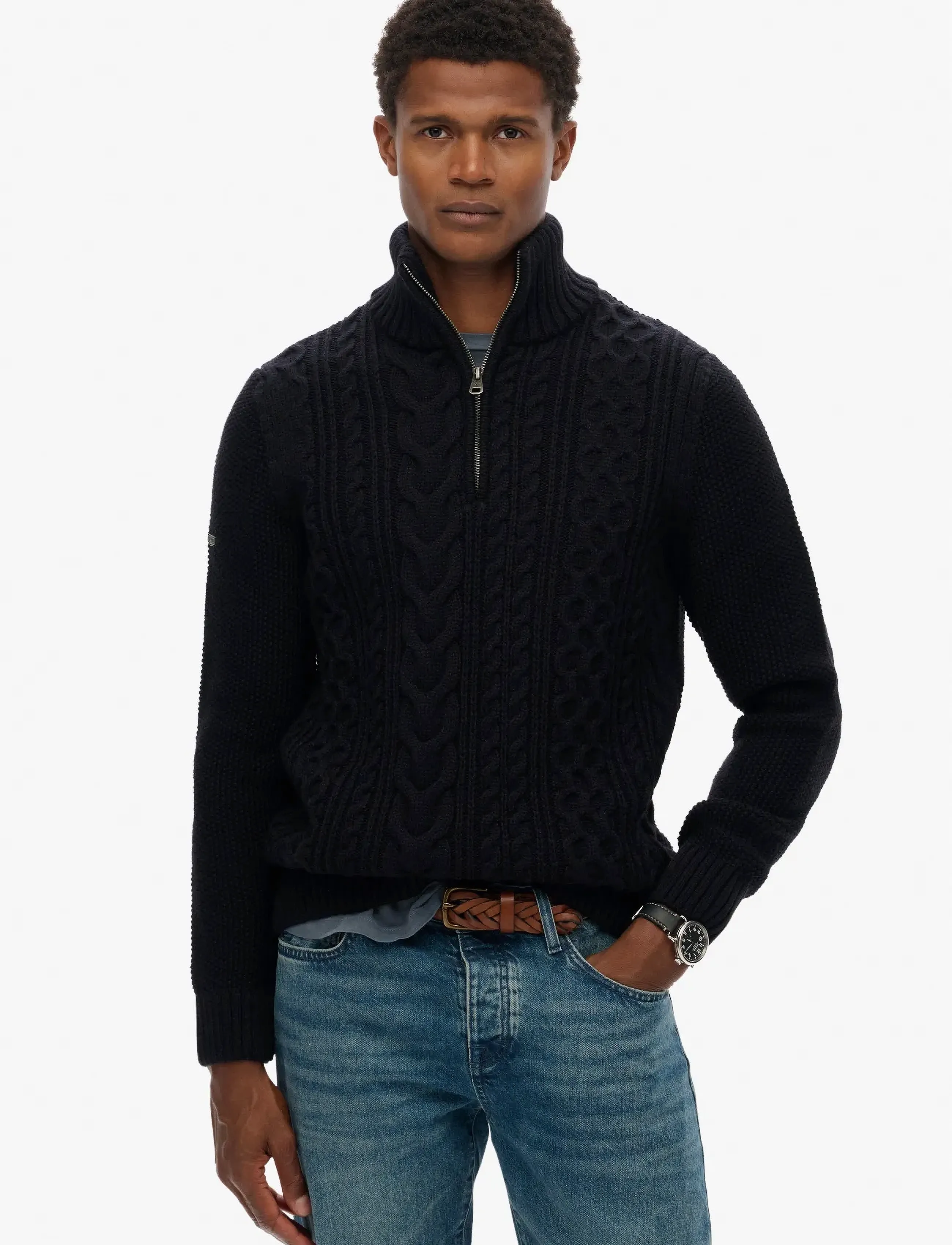 Superdry JACOB CABLE KNIT HALF ZIP - Pullover mit halbem Reißverschluss - ECLIPSE NAVY / black