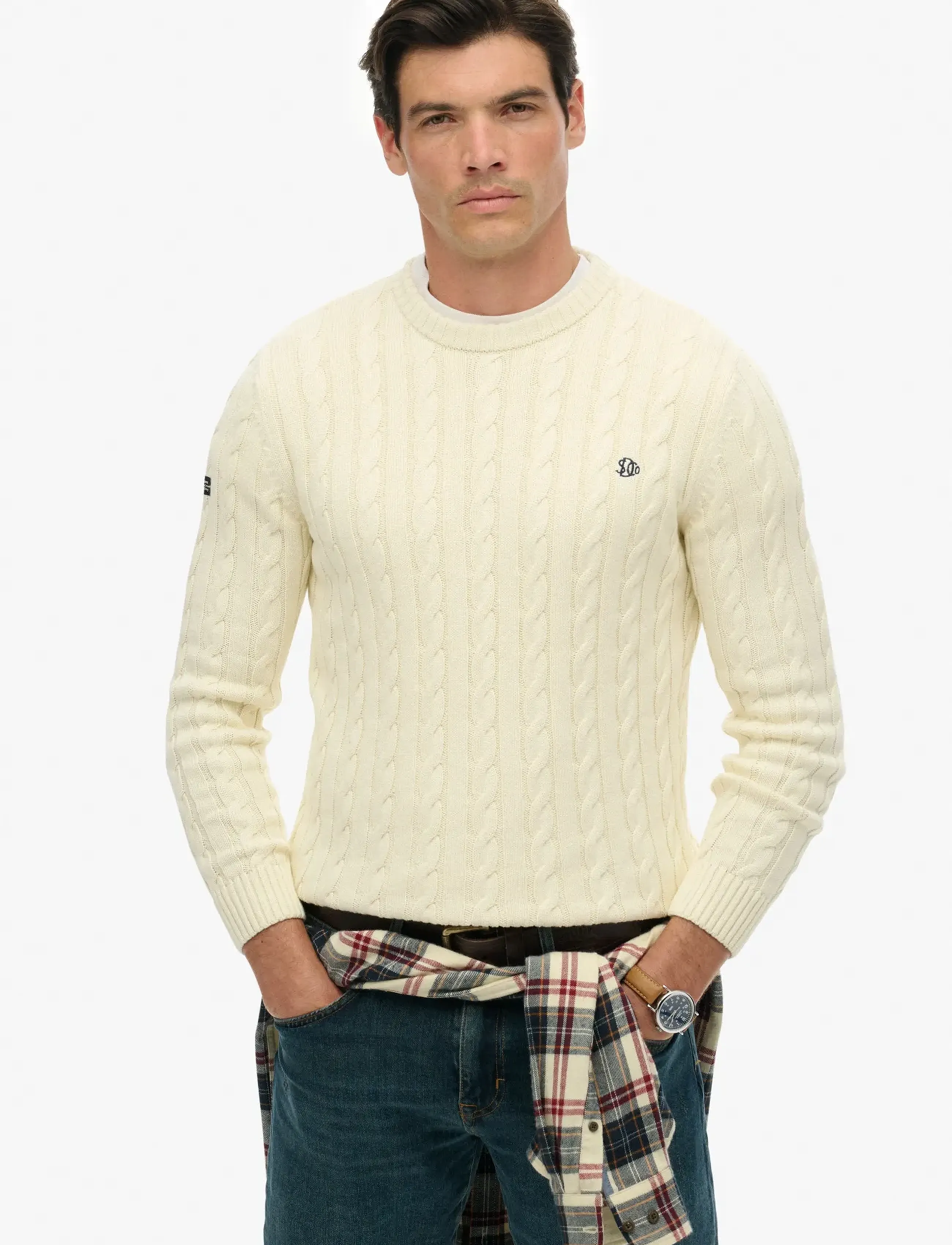 Superdry Cotton Cable Knit Crew, XL, Cream, Strik > Runde Halse, Herre