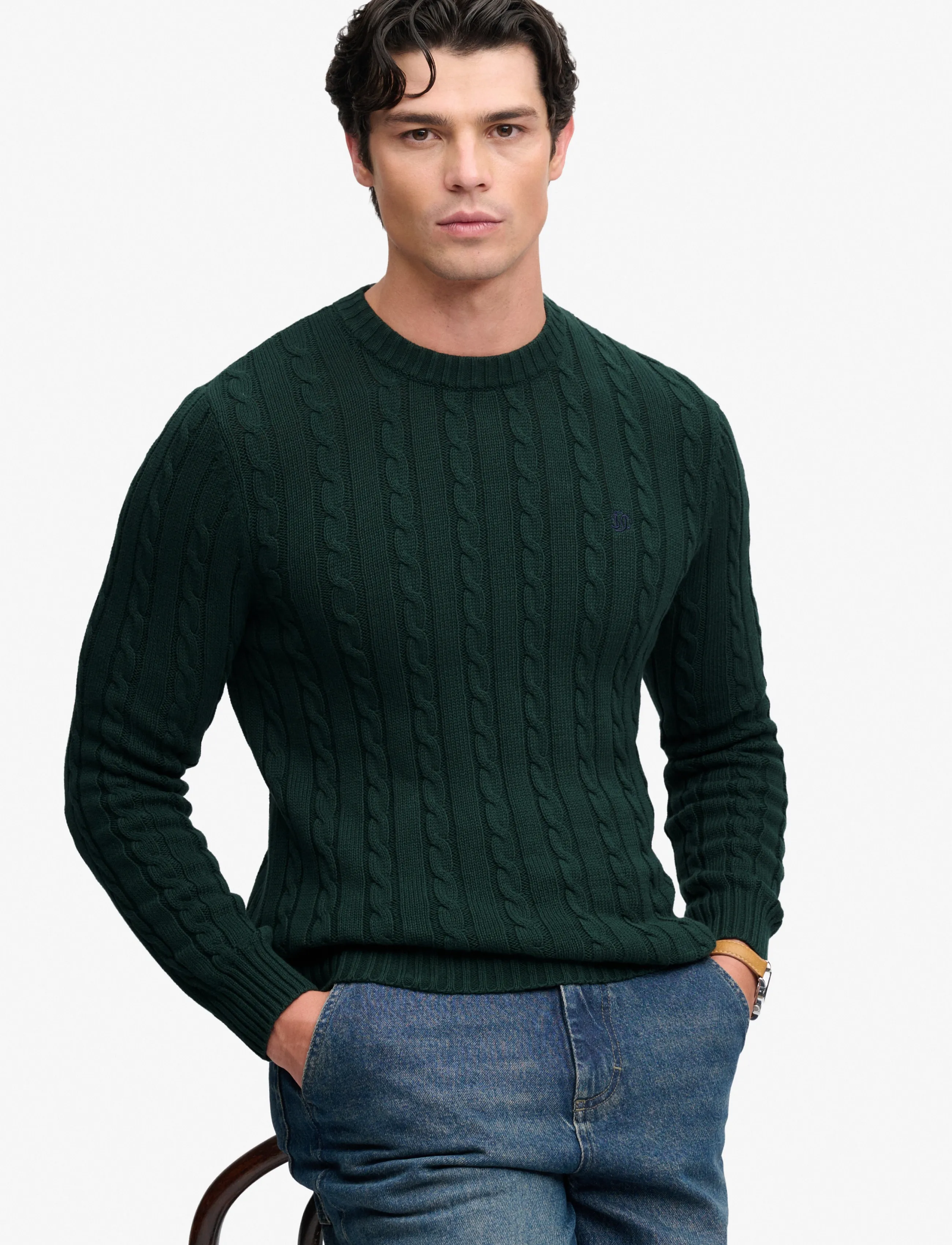Superdry Cotton Cable Knit Crew stickade tröjor herr – bild 4