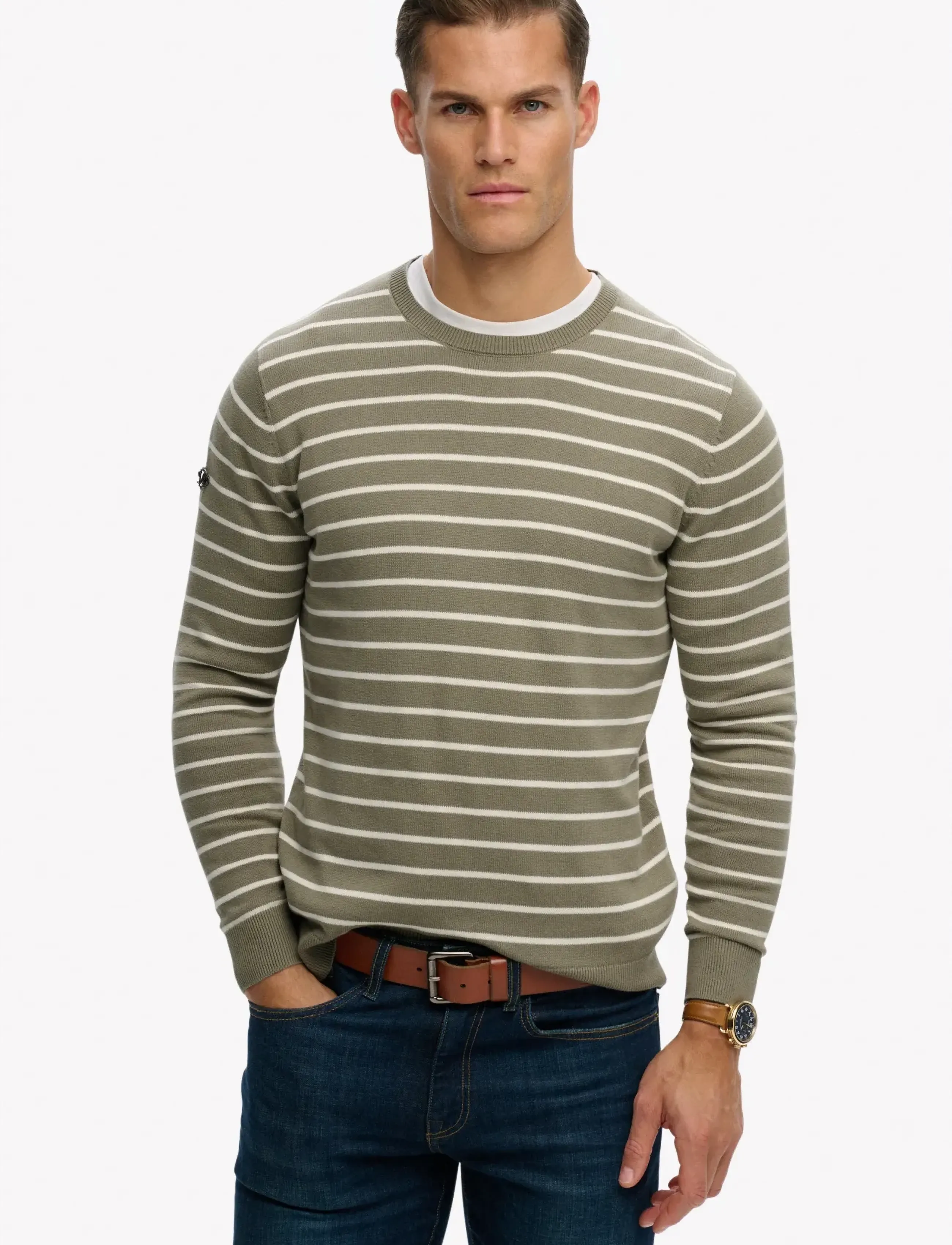 Superdry MERCHANT BRETON JUMPER - Looks for less - OLIVE BRETON STRIPE / khaki/green