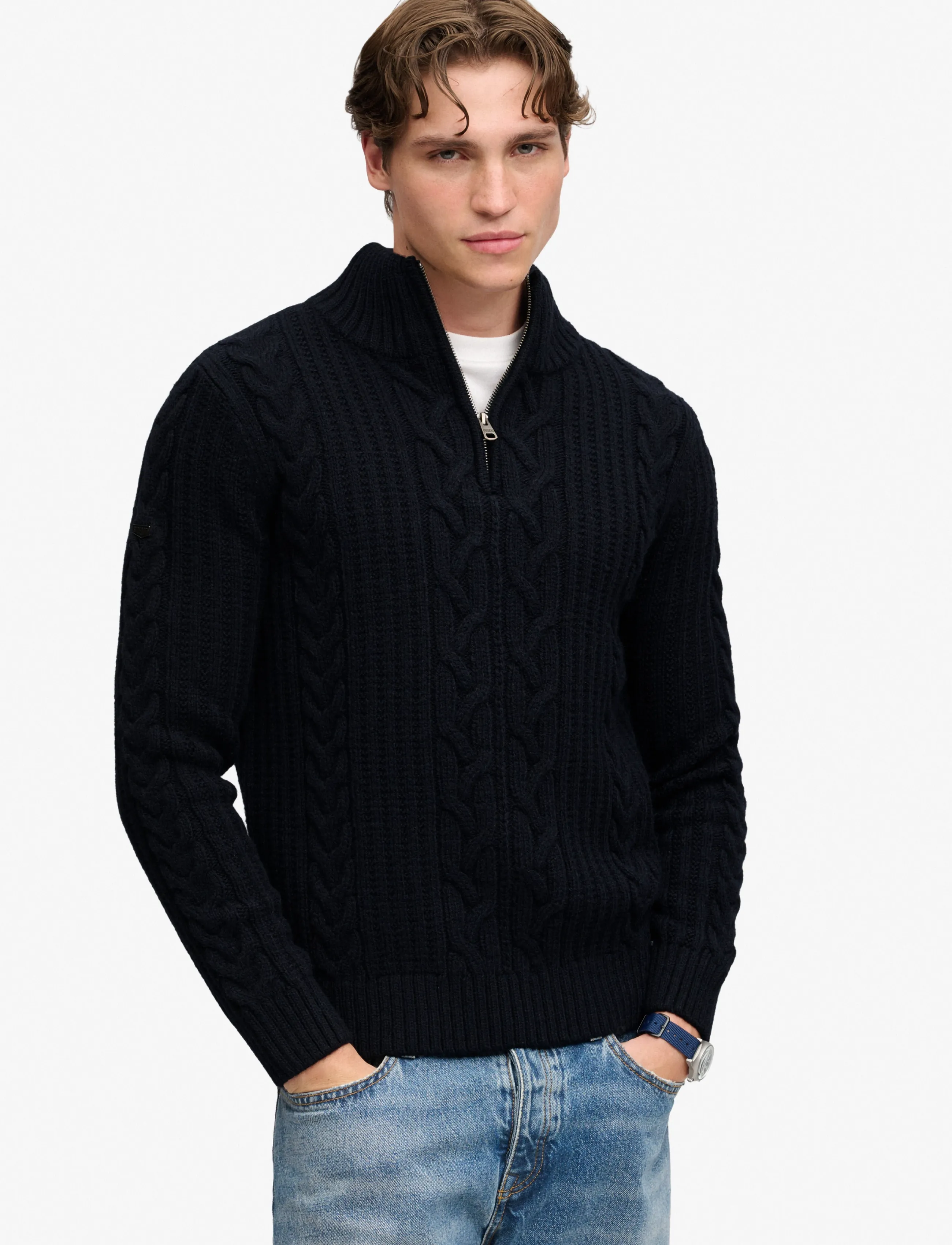 Superdry Jacob Cable Half Zip Knit, Herren, Zopfstrick Half Zip, Marineblau, Gr.XXXL