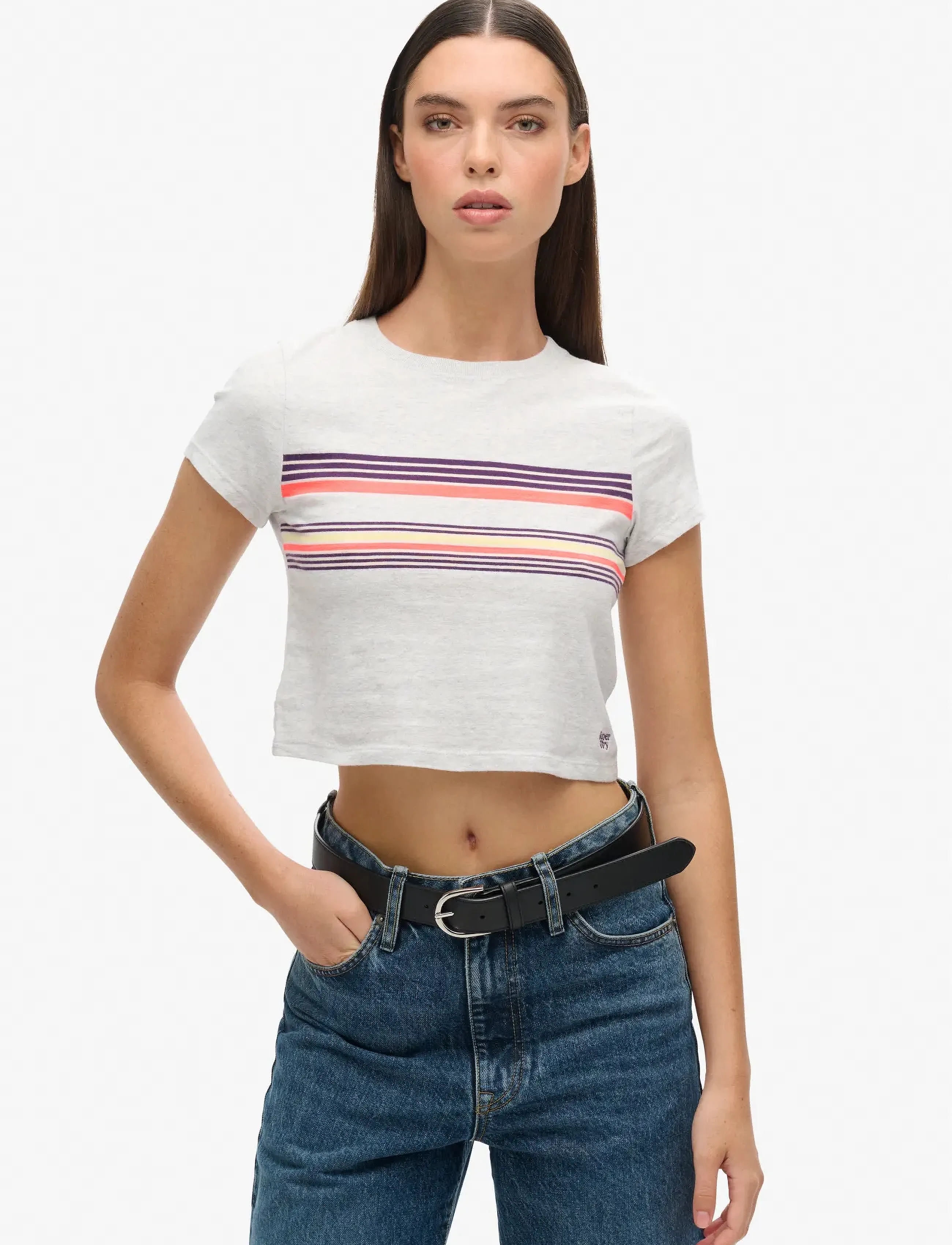 Superdry Vintage Stripe Crop Tee, 14, Grey, T-Shirts & Toppe > Kortærmede, Dame