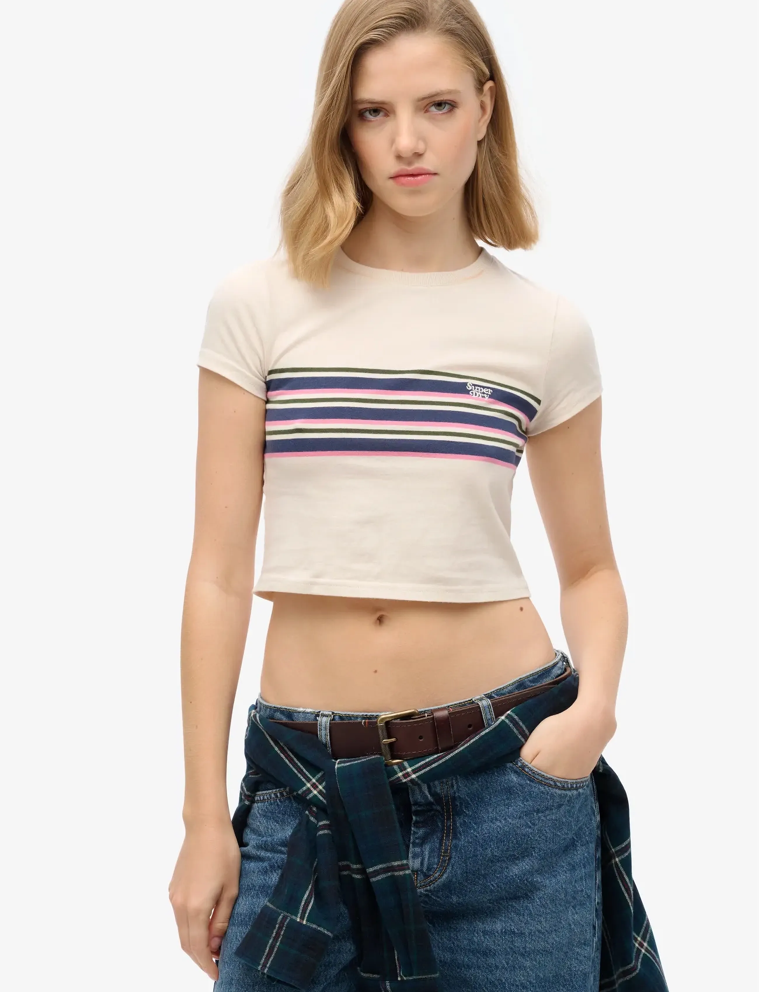 Superdry Vintage Stripe Crop Tee, 14, Cream, T-Shirts & Toppe > Kortærmede, Dame