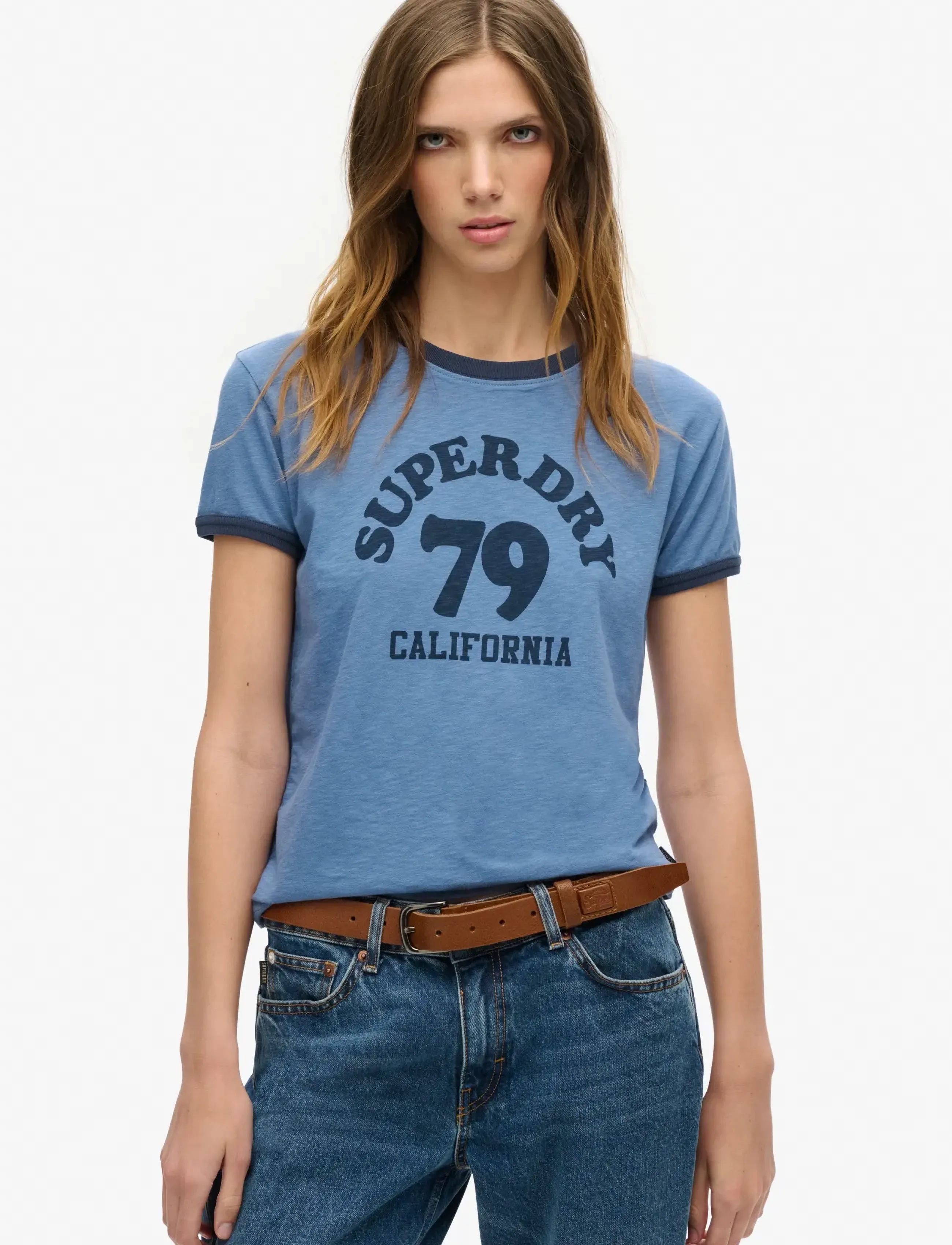 Superdry Beach Graphic Fitted Ringer T, Kvinder, Grafisk Ringer T-Shirt, Blå, Str: 36