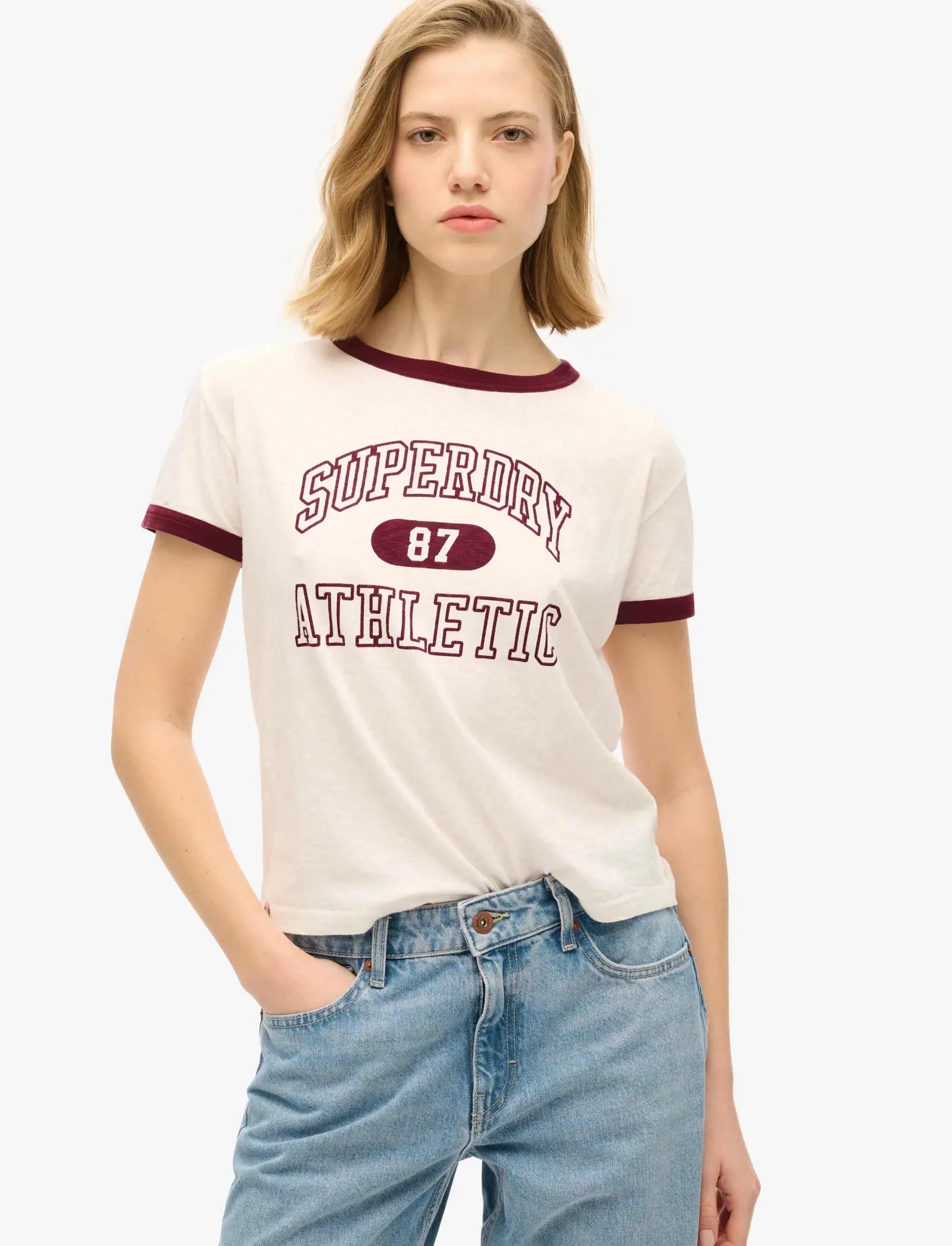 Superdry Athletic Ringer Fitted Tshirt, 44, T-shirts & Oberteile, Creme - Short-sleeved, Frauen