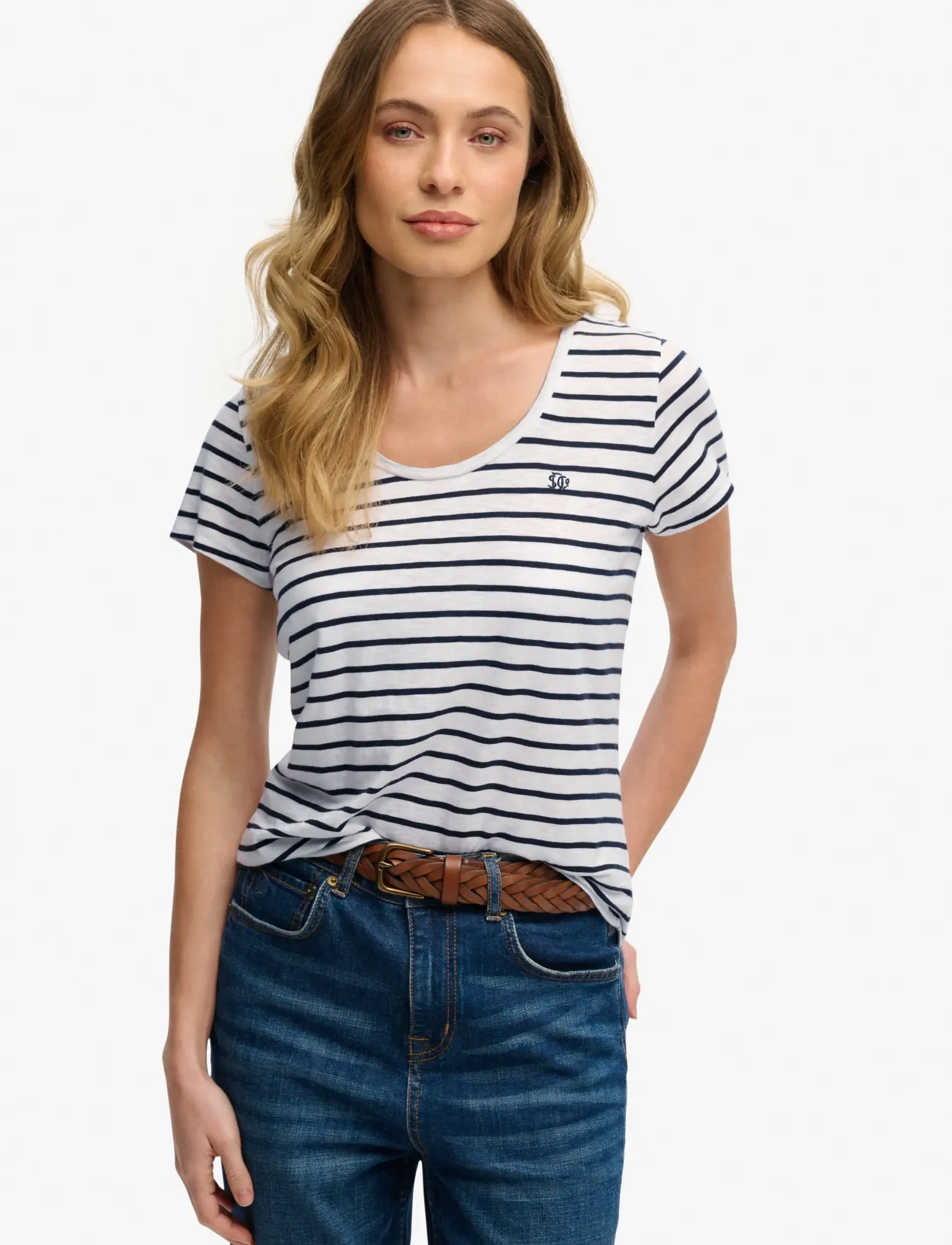 Superdry STUDIOS SCOOP NECK TEE - Superdry - OPTIC/NAVY STRIPE / white