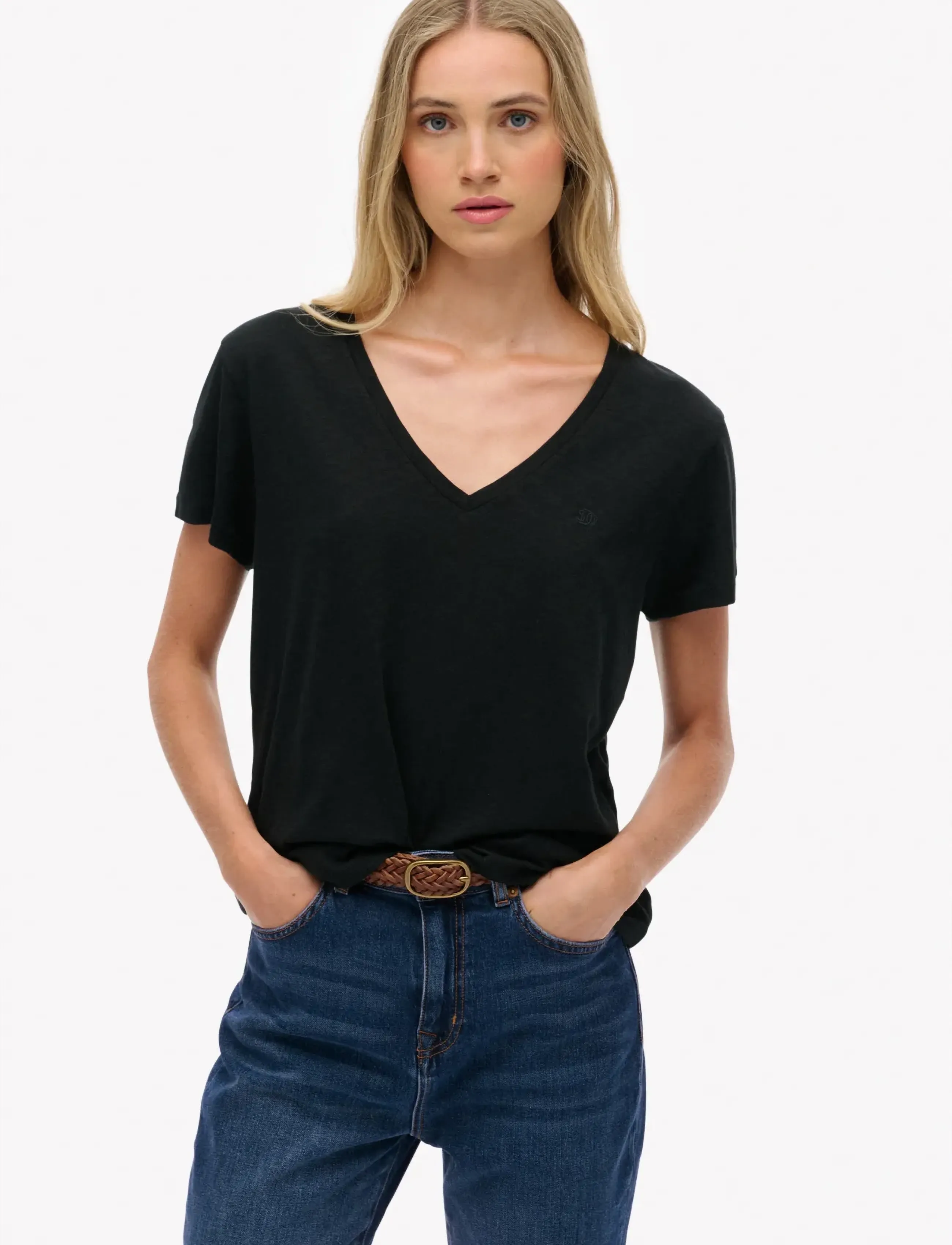 Superdry Studios Slub Emb Vee Tee, 10, T-shirts & Oberteile, Schwarz - Short-sleeved, Frauen