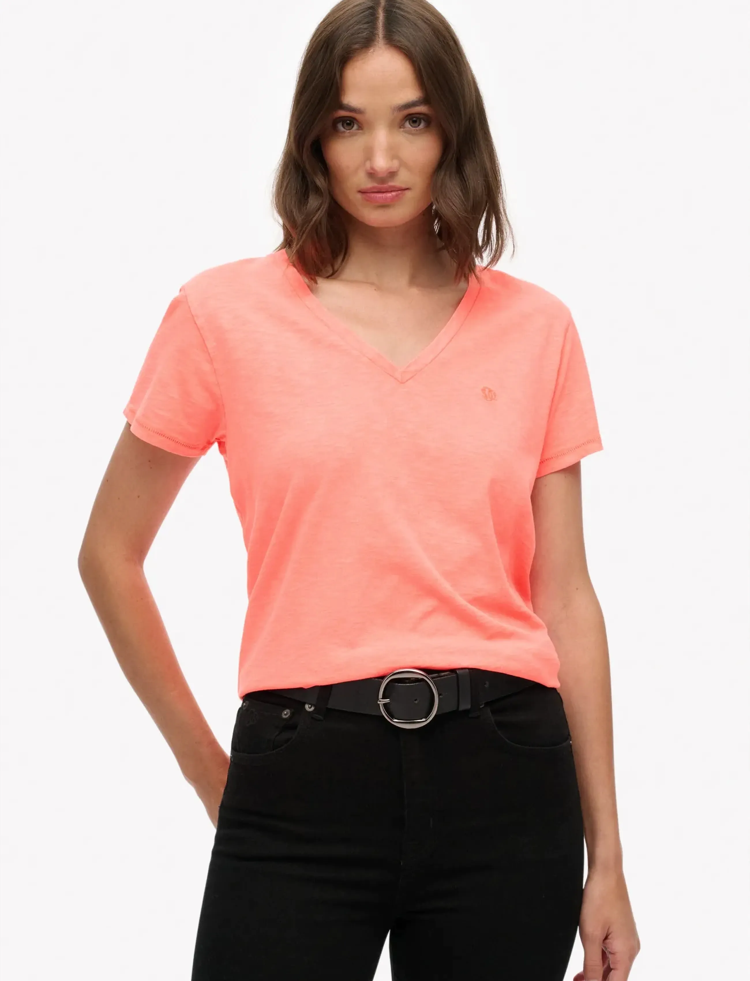 Superdry STUDIOS SLUB EMB VEE TEE - Superdry - FLURO CORAL / coral