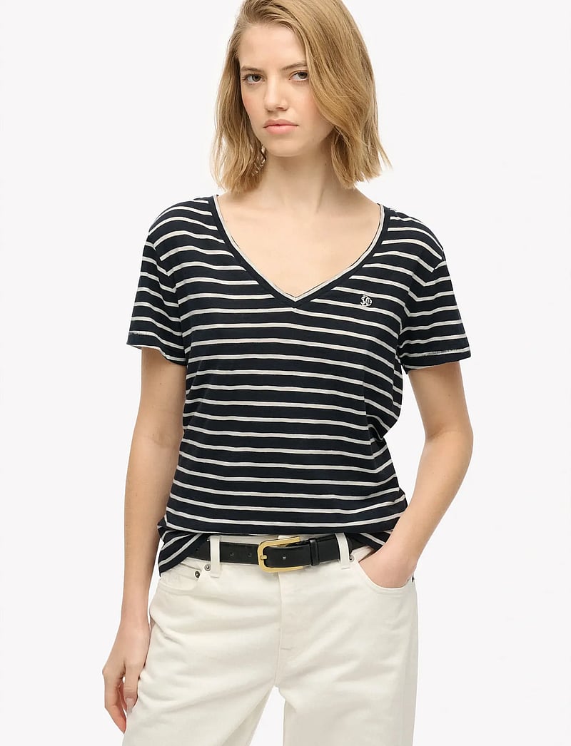 Superdry - STUDIOS SLUB EMB VEE TEE - t-shirts - navy,optic stripe - 0