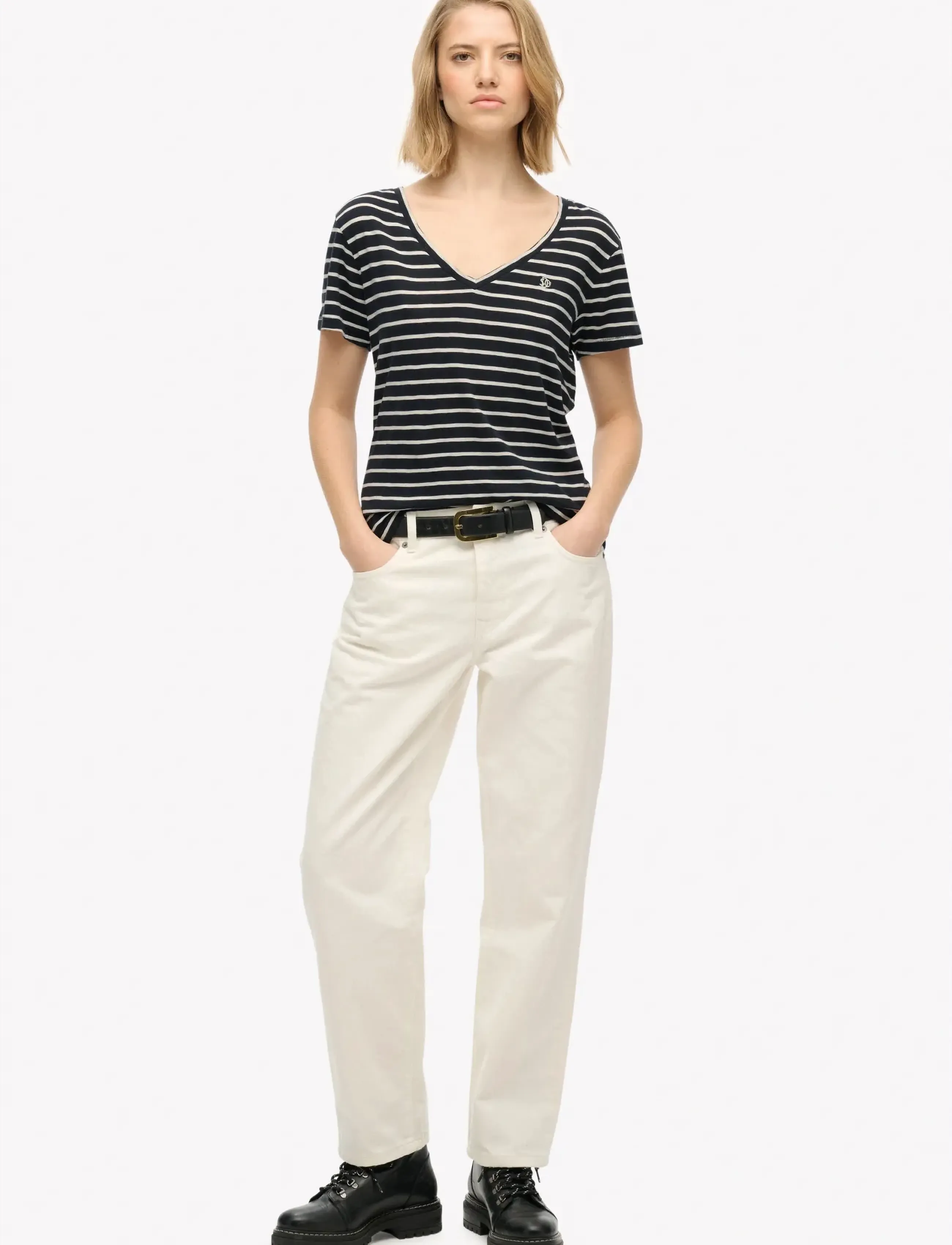 Superdry - STUDIOS SLUB EMB VEE TEE - die niedrigsten preise - navy,optic stripe - 4