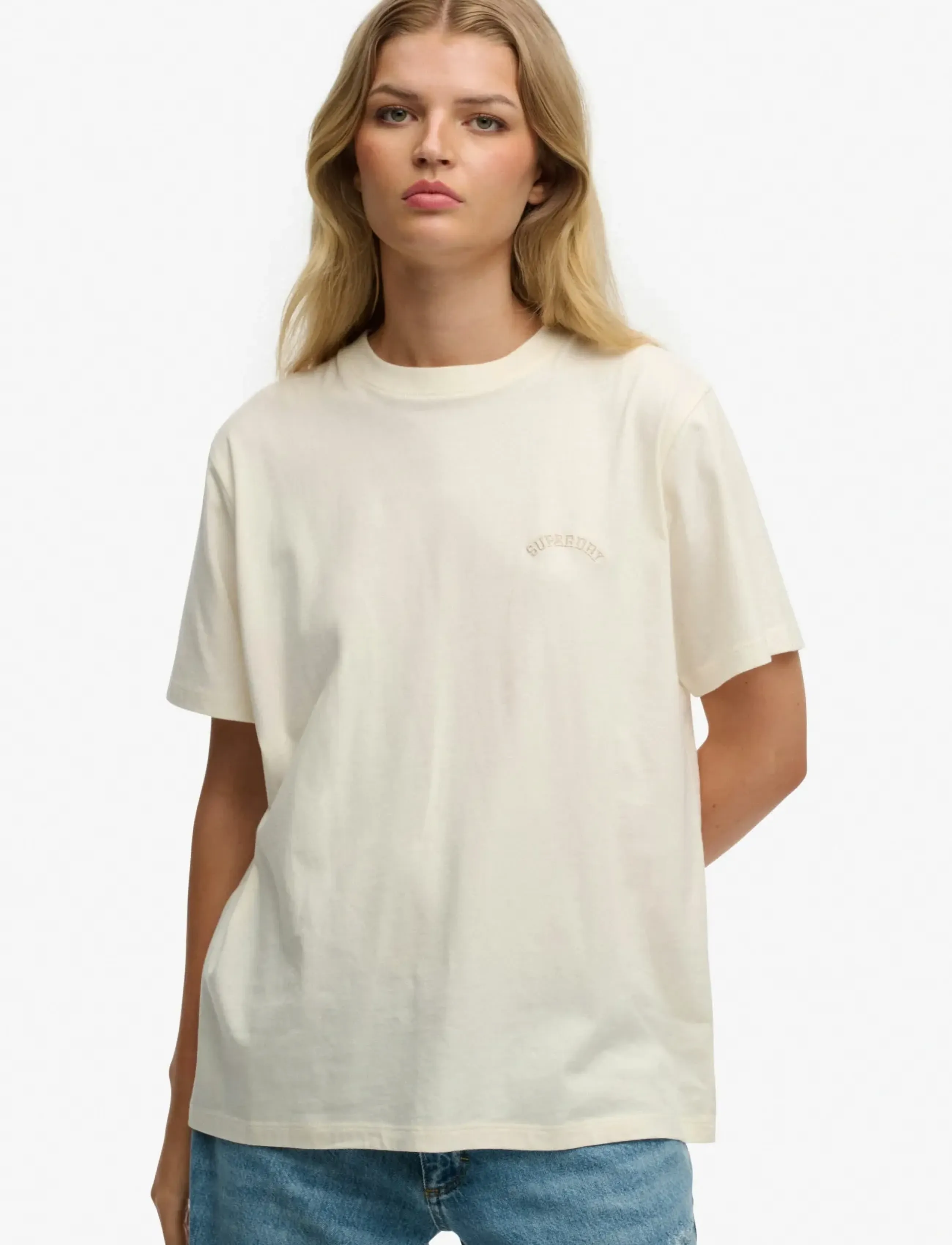 Superdry Essential Logo Loose Tee, Kvinder, Løs T-Shirt, Cream, Str: 12