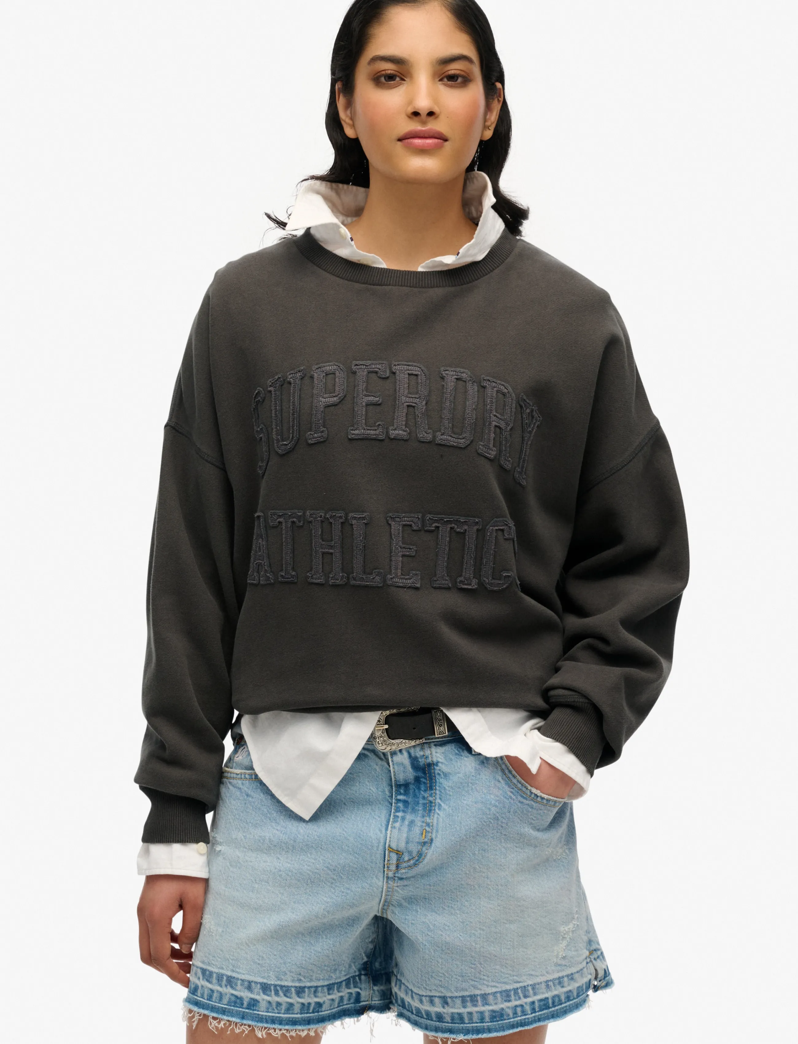 Superdry Athletic Tonal Applique Crew, 10, Grey, Sweatshirts & Hættetrøjer > Sweatshirts, Dame